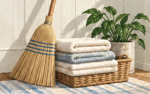 Broom, towels and houseplant illustration
