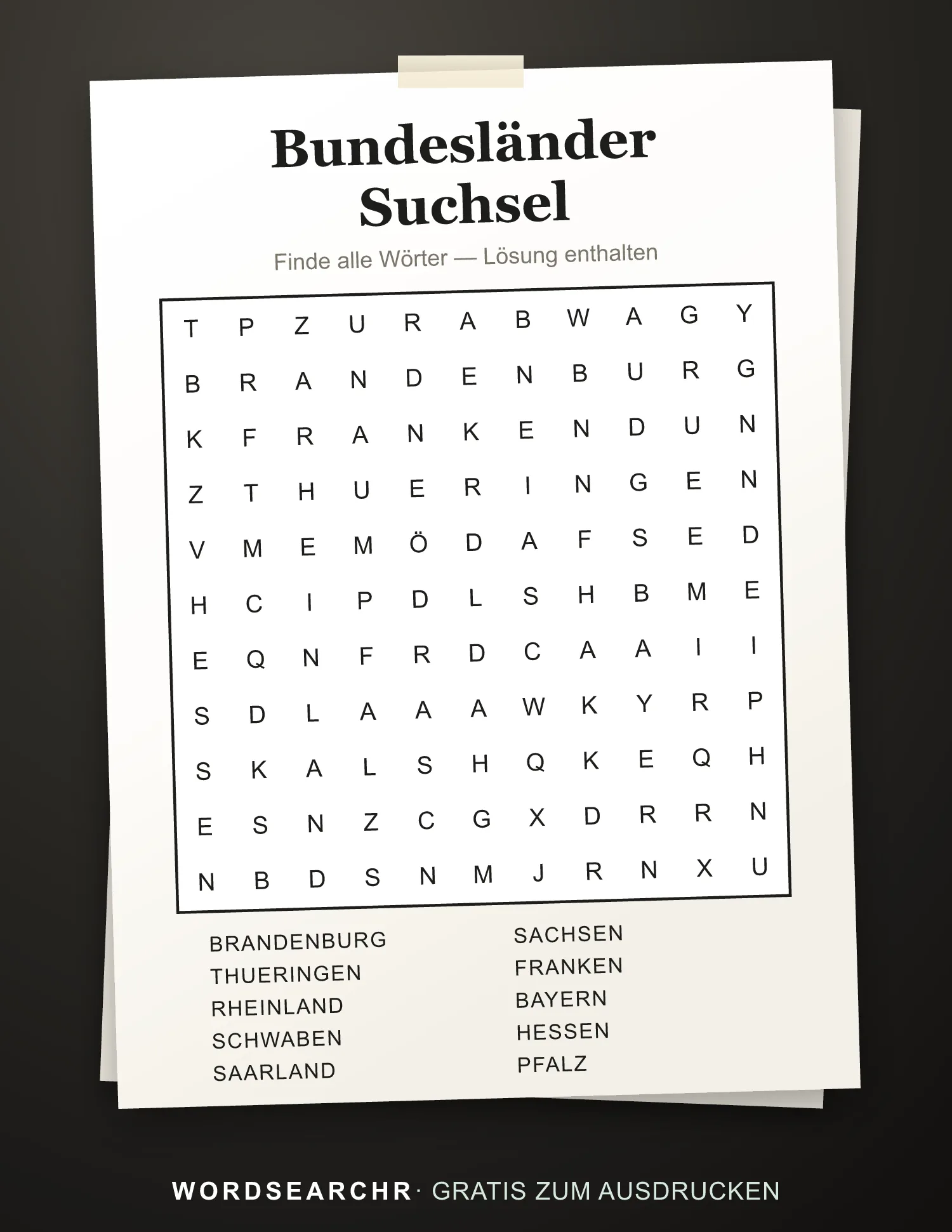 Bundesländer Suchsel zum Ausdrucken — 10 Wörter, Lösung enthalten