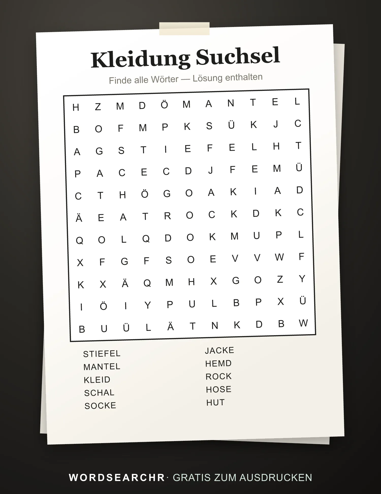 Kleidung Suchsel zum Ausdrucken — 10 Wörter, Lösung enthalten
