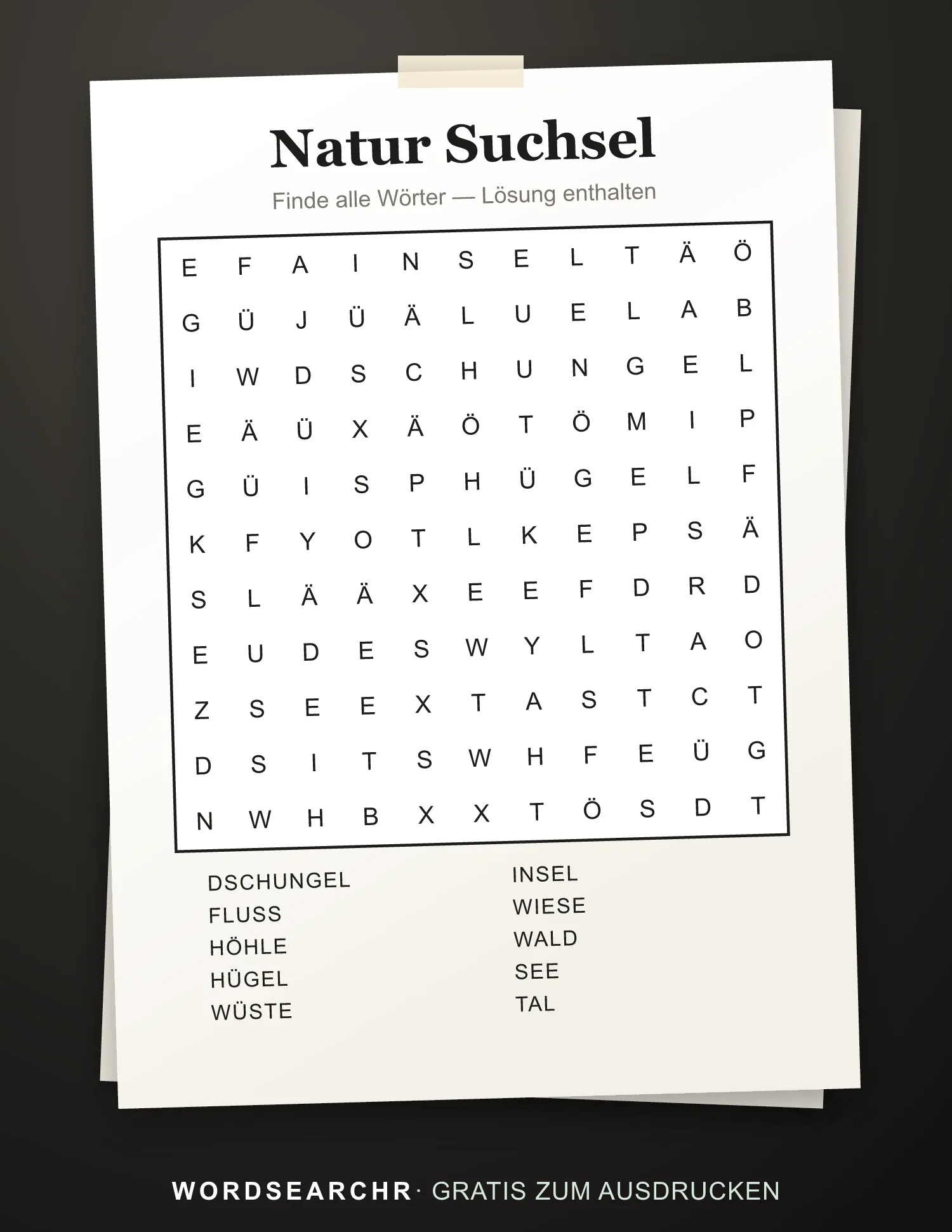 Natur Suchsel zum Ausdrucken — 10 Wörter, Lösung enthalten