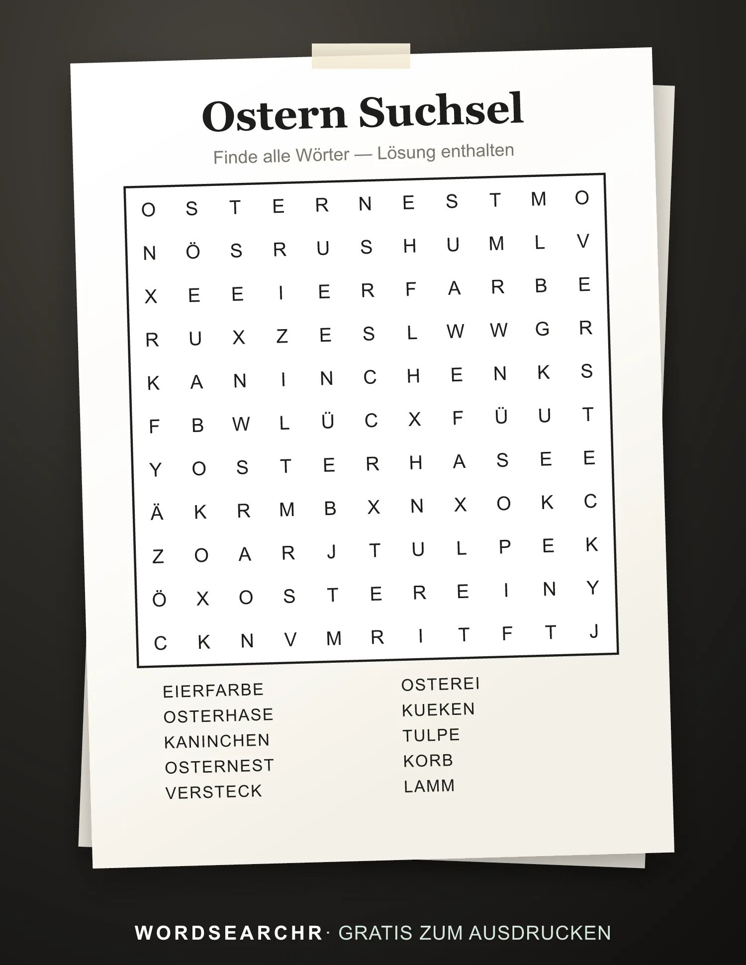 Ostern Suchsel zum Ausdrucken — 10 Wörter, Lösung enthalten