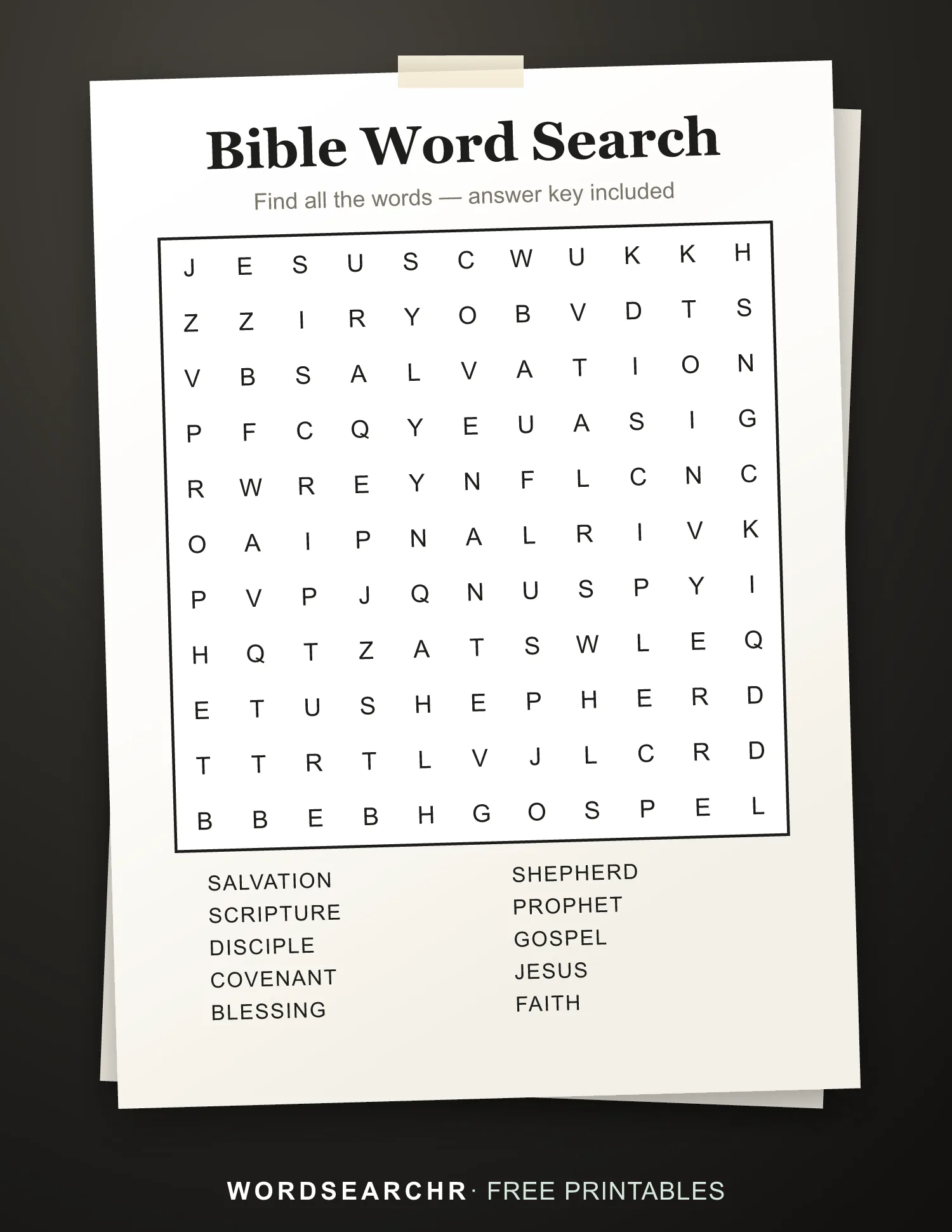 Printable Bible Word Search — 10 words, Answer key included