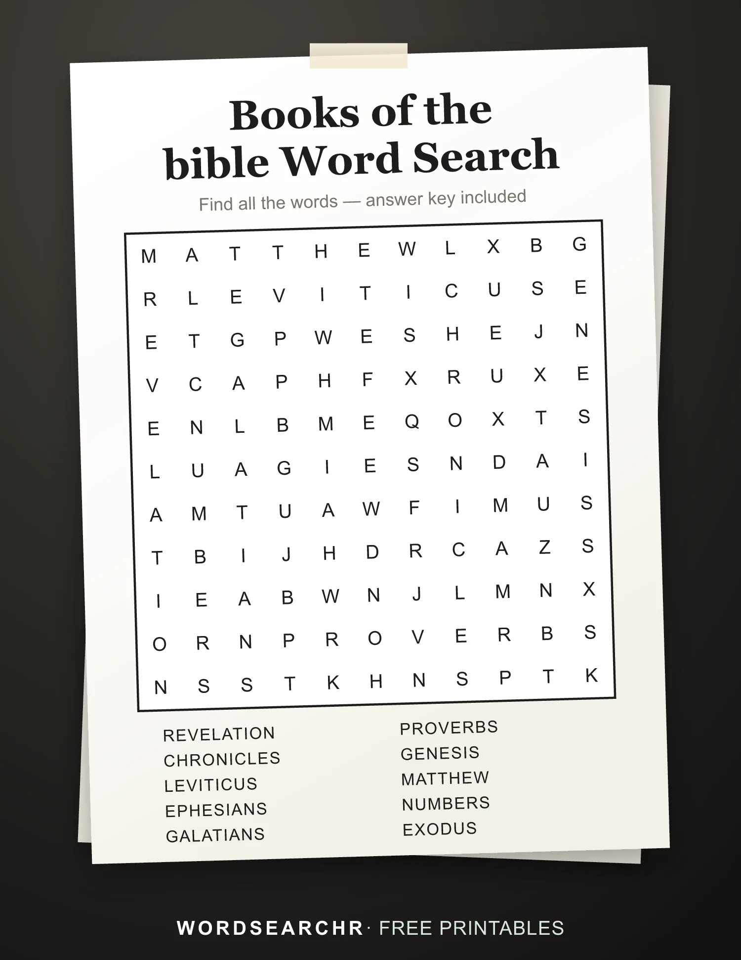 Printable Books of the bible Word Search — 10 words, Answer key included