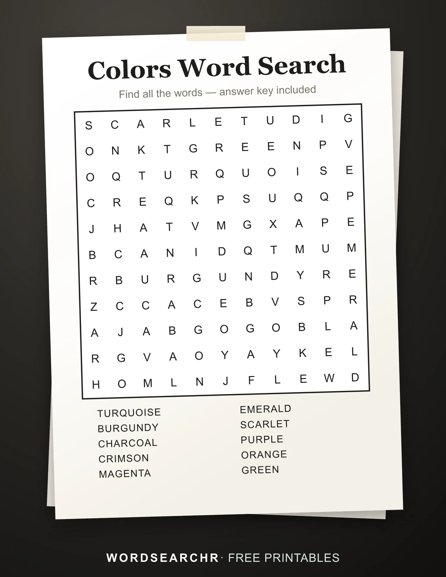 Printable Colors Word Search — 10 words, Answer key included