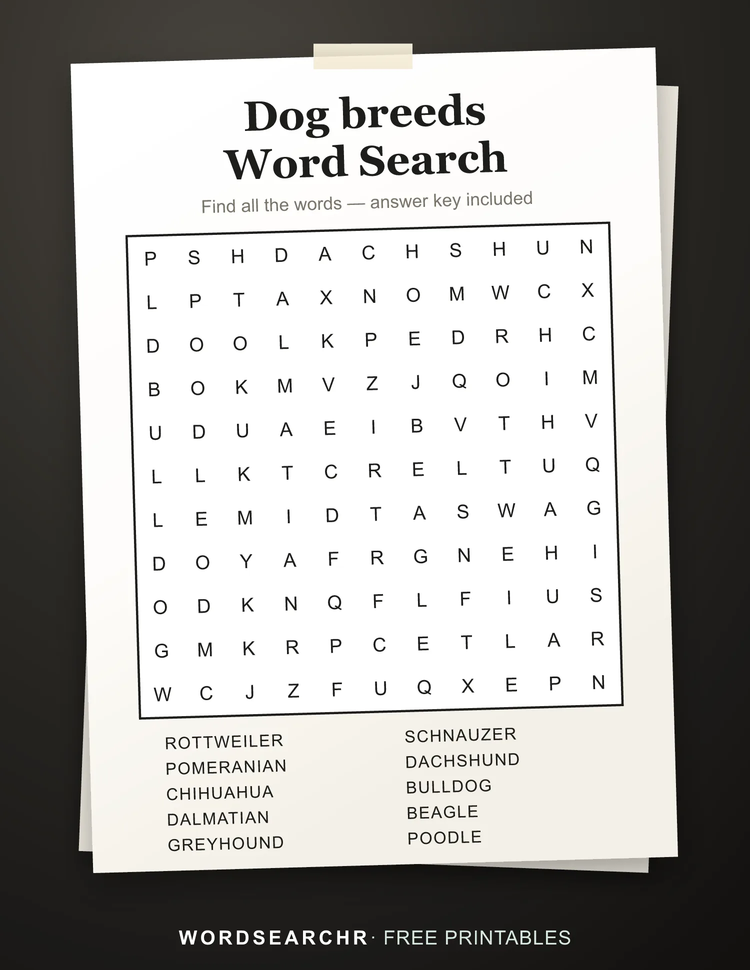 Printable Dog breeds Word Search — 10 words, Answer key included