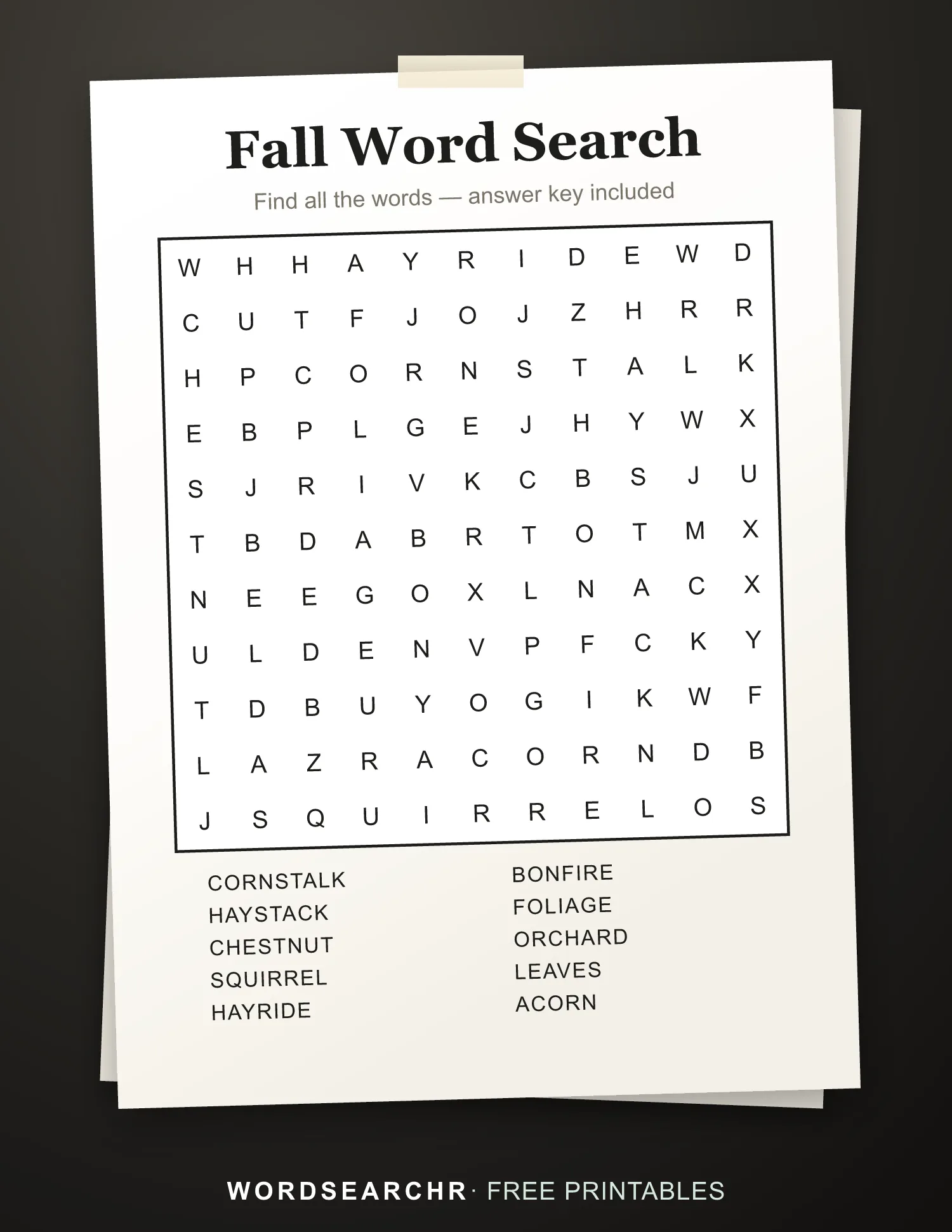 Printable Fall Word Search — 10 words, Answer key included