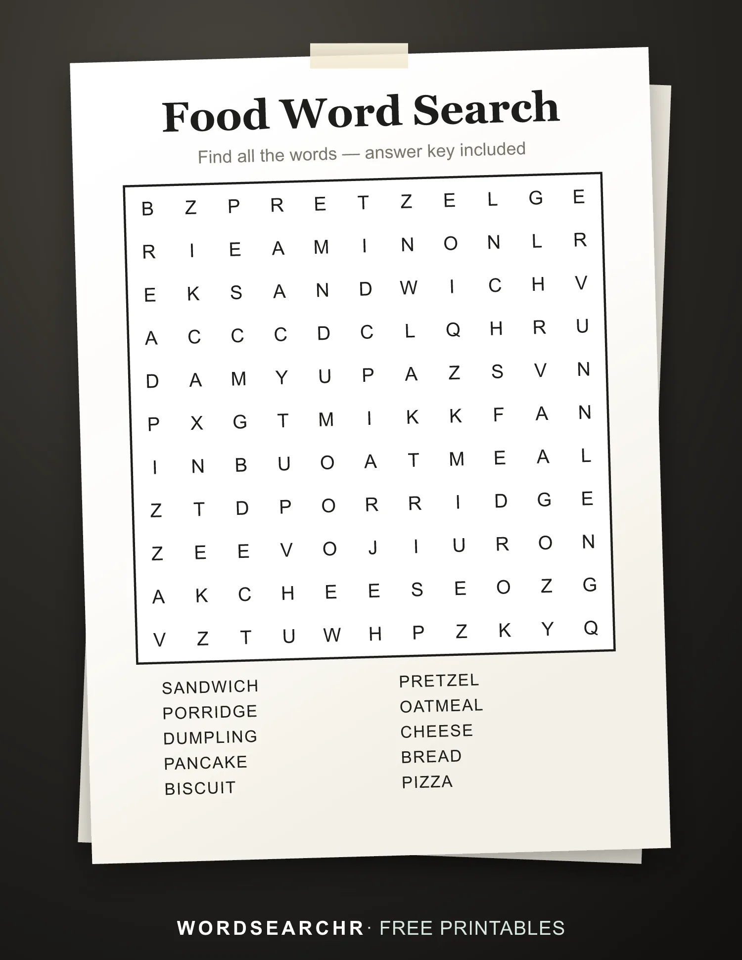 Printable Food Word Search — 10 words, Answer key included