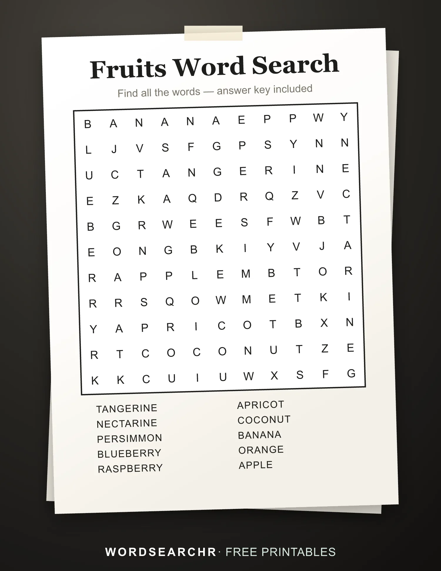 Printable Fruits Word Search — 10 words, Answer key included