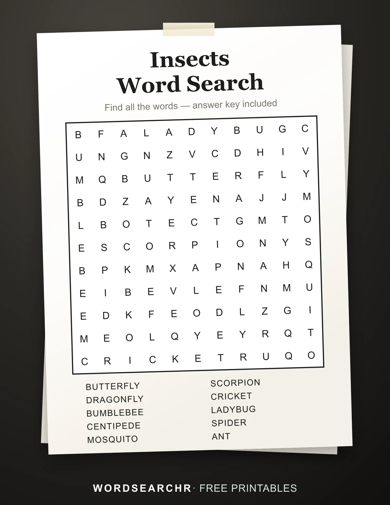 Printable Insects Word Search — 10 words, Answer key included