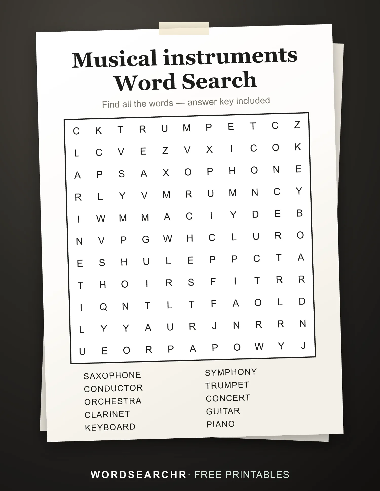 Printable Musical instruments Word Search — 10 words, Answer key included