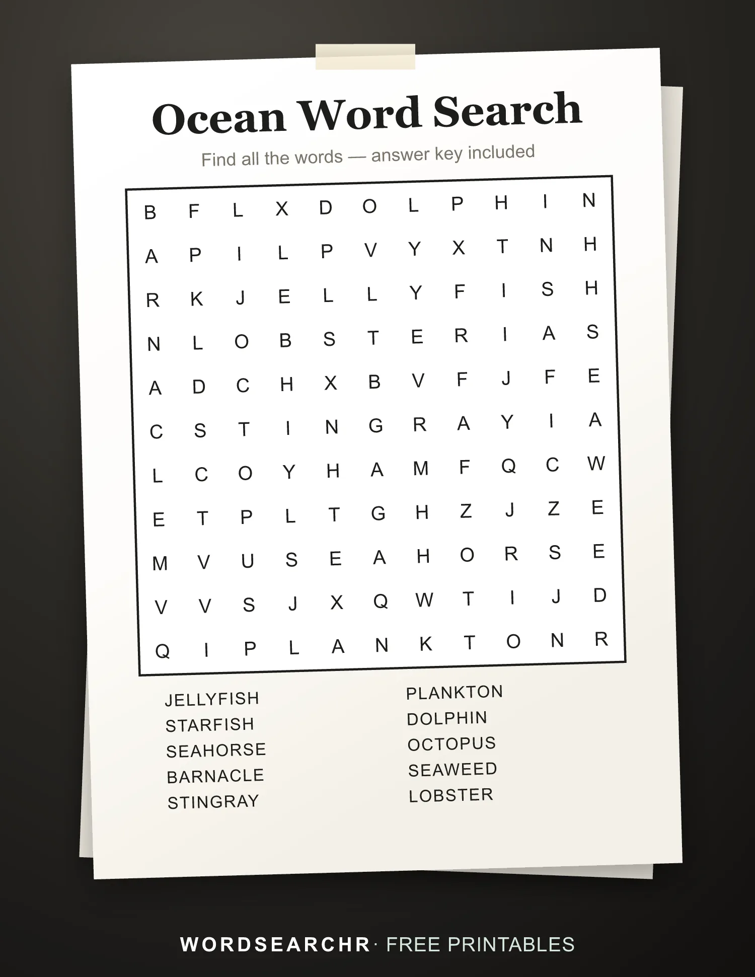Printable Ocean Word Search — 10 words, Answer key included