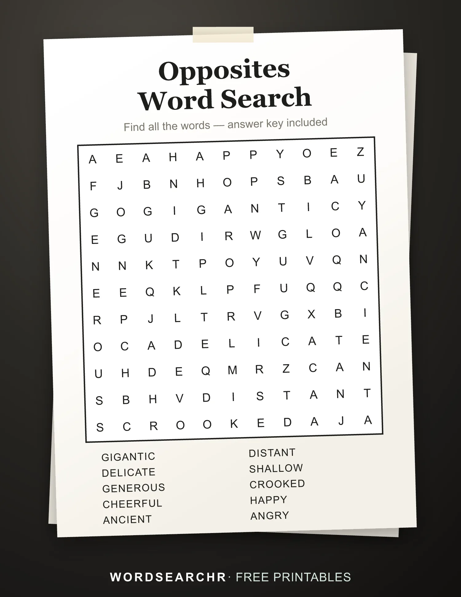 Printable Opposites Word Search — 10 words, Answer key included
