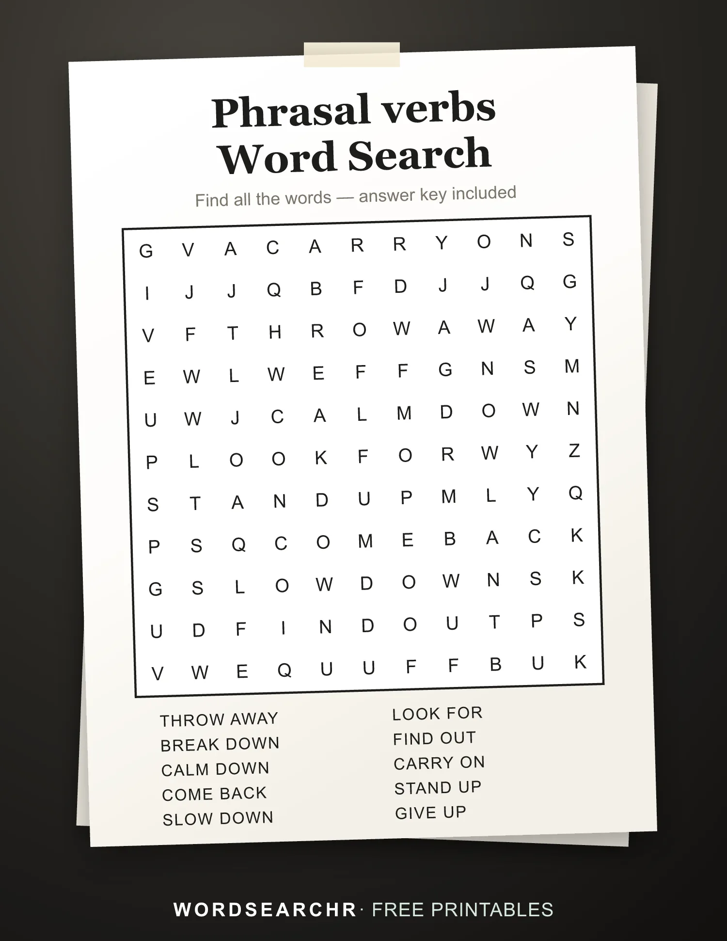 Printable Phrasal verbs Word Search — 10 words, Answer key included