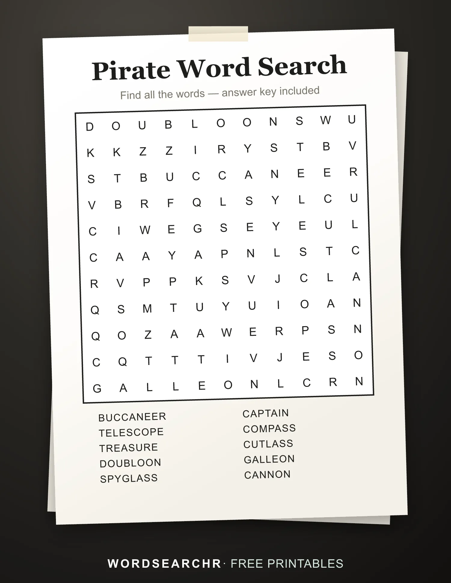 Printable Pirate Word Search — 10 words, Answer key included