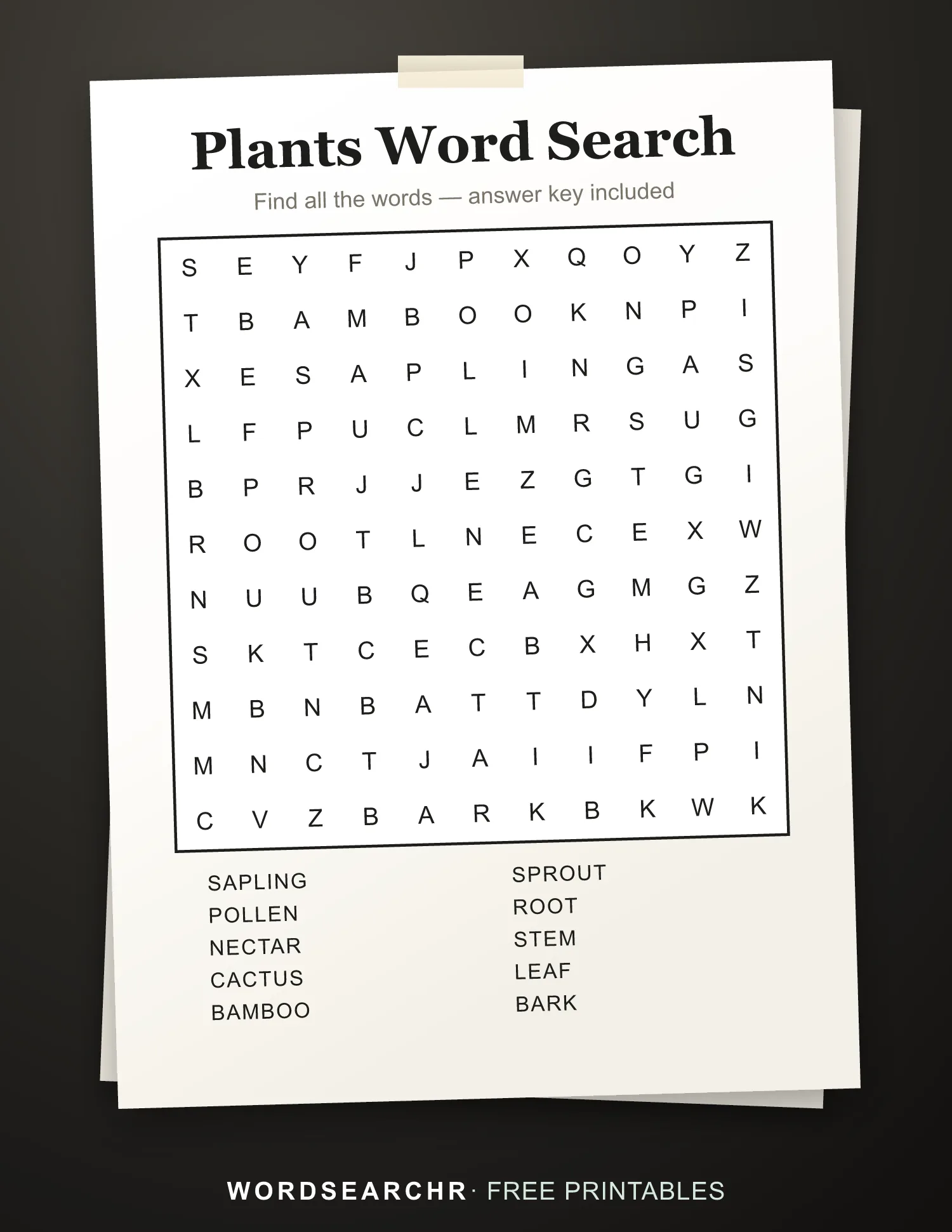 Printable Plants Word Search — 10 words, Answer key included