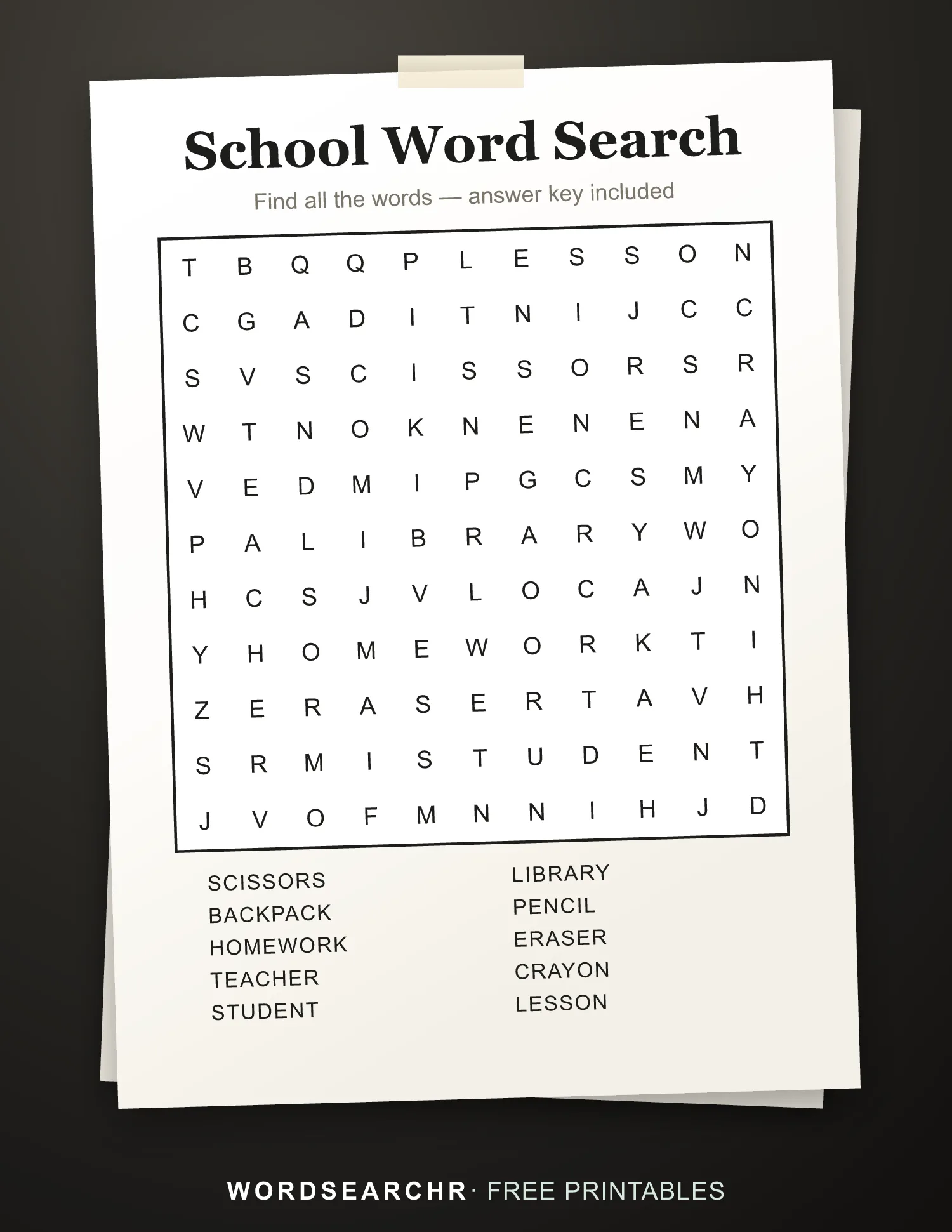 Printable School Word Search — 10 words, Answer key included