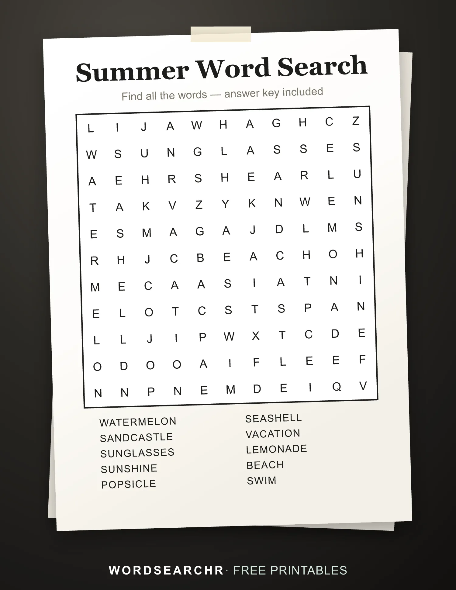 Printable Summer Word Search — 10 words, Answer key included