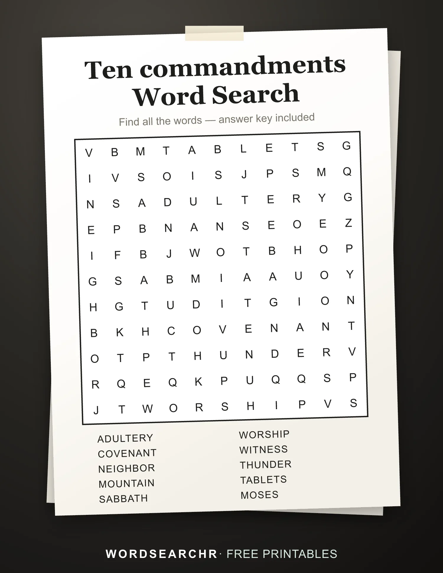 Printable Ten commandments Word Search — 10 words, Answer key included