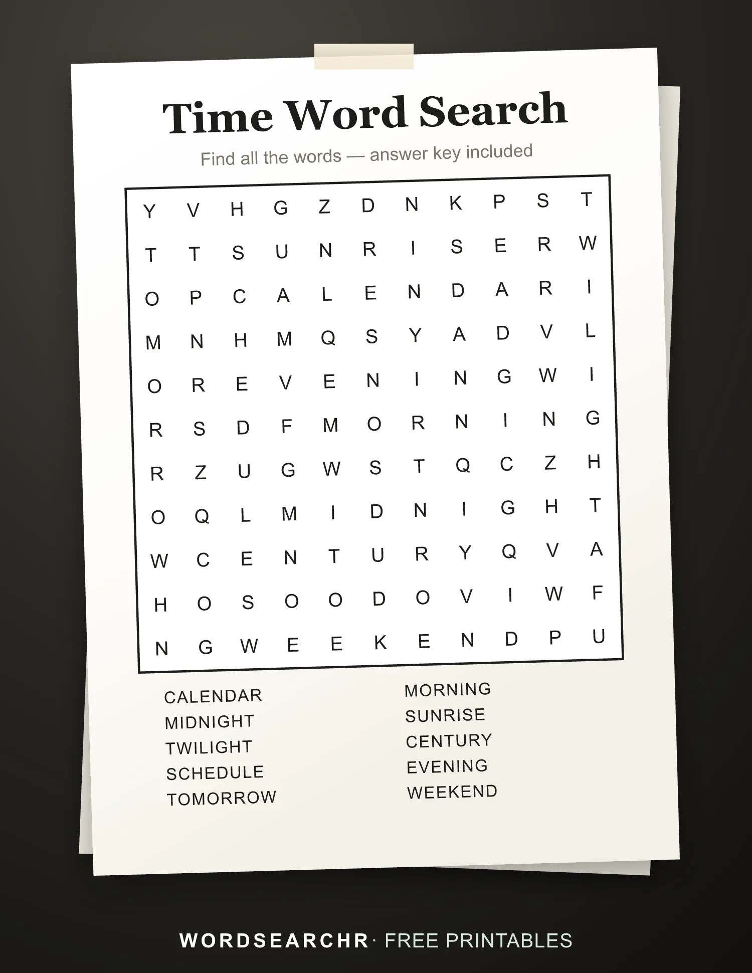 Printable Time Word Search — 10 words, Answer key included