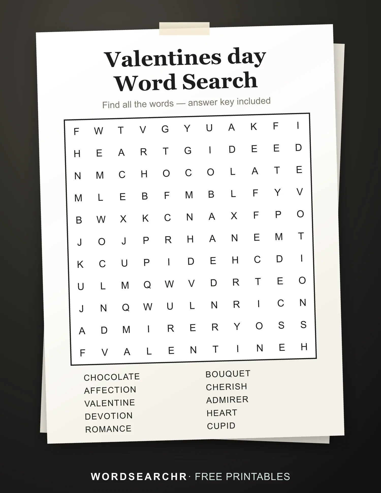 Printable Valentines day Word Search — 10 words, Answer key included