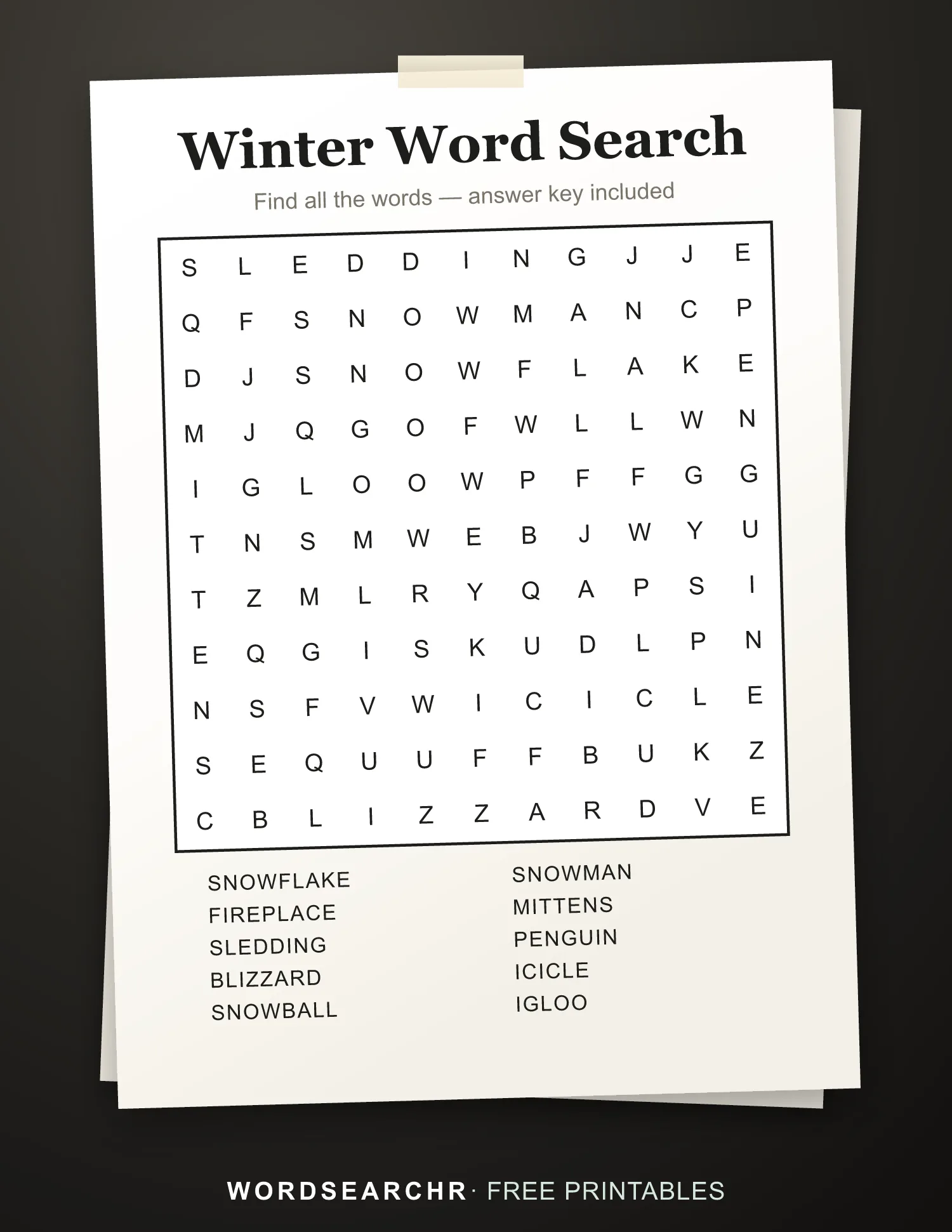 Printable Winter Word Search — 10 words, Answer key included