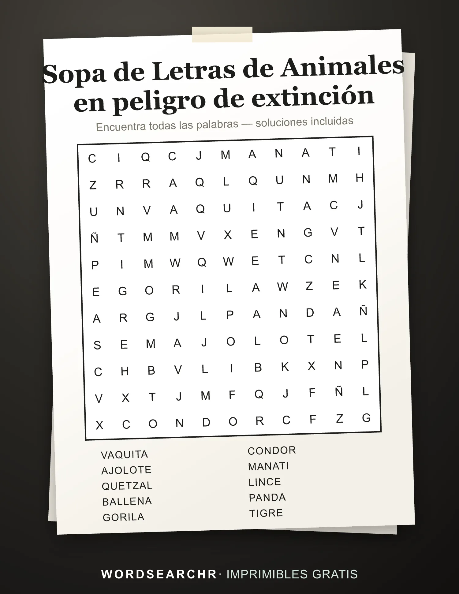 Sopa de Letras de Animales en peligro de extinción para Imprimir — 10 palabras, Soluciones incluidas