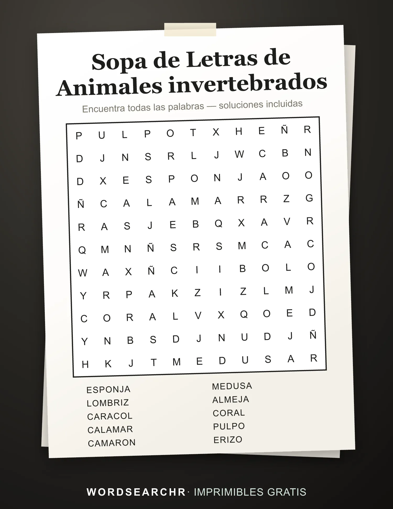 Sopa de Letras de Animales invertebrados para Imprimir — 10 palabras, Soluciones incluidas