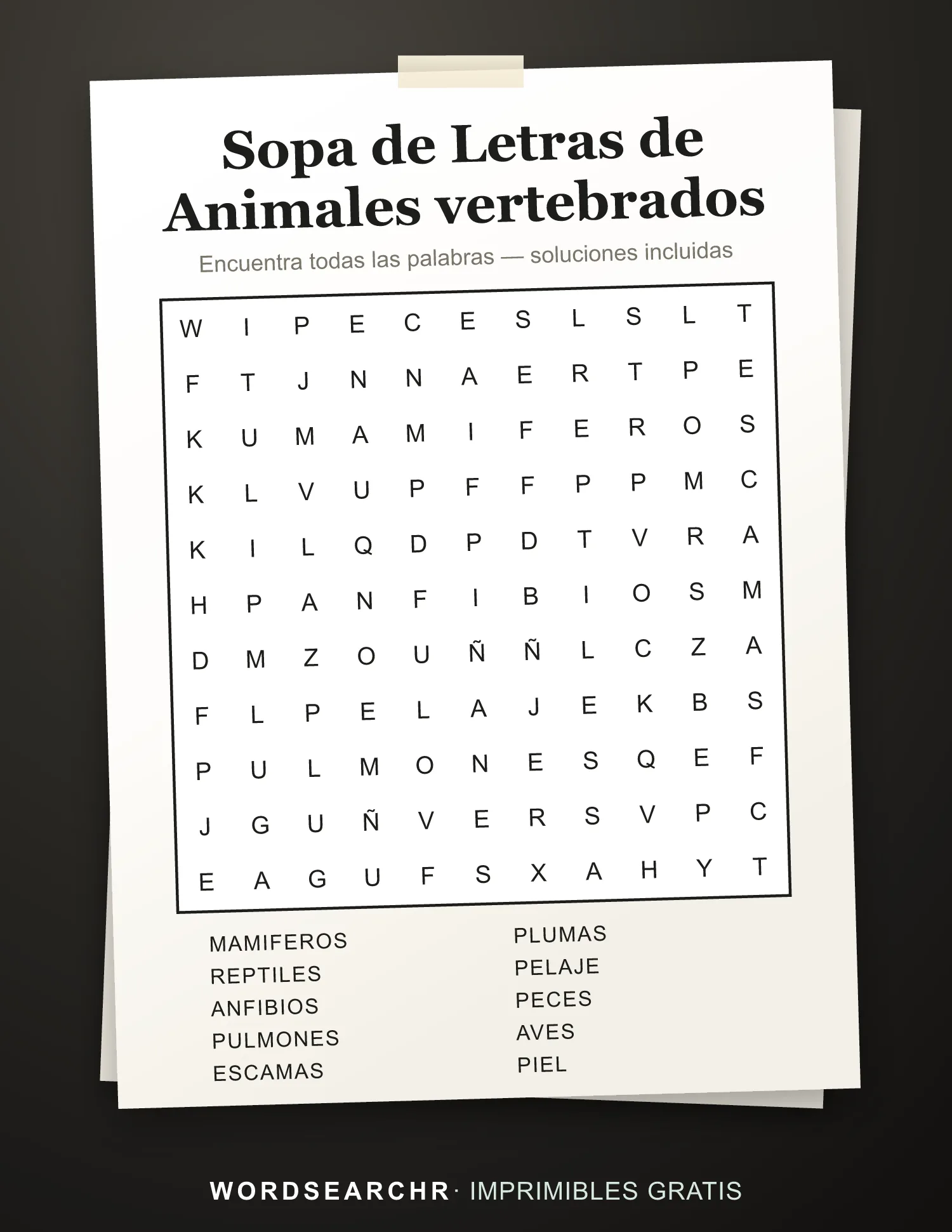 Sopa de Letras de Animales vertebrados para Imprimir — 10 palabras, Soluciones incluidas