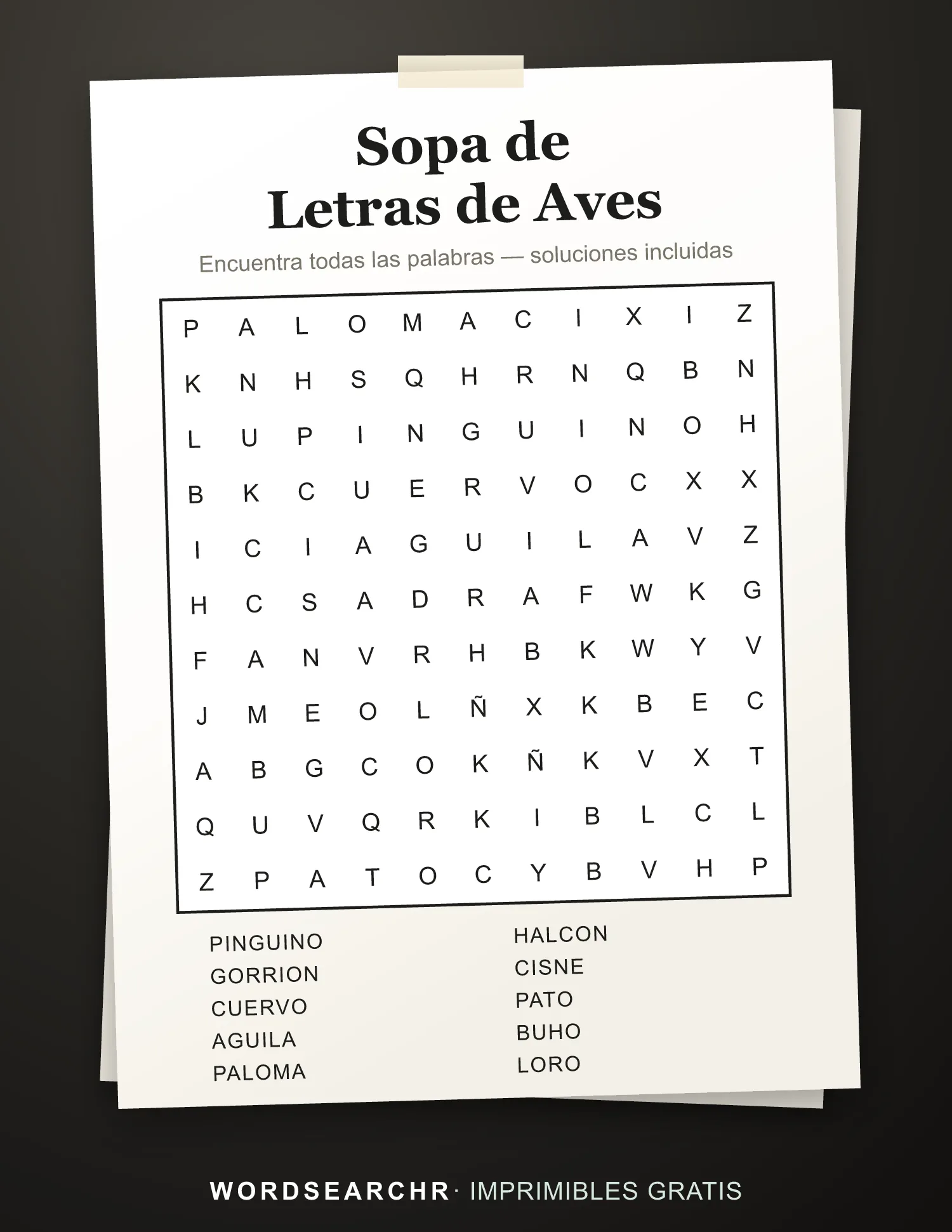 Sopa de Letras de Aves para Imprimir — 10 palabras, Soluciones incluidas