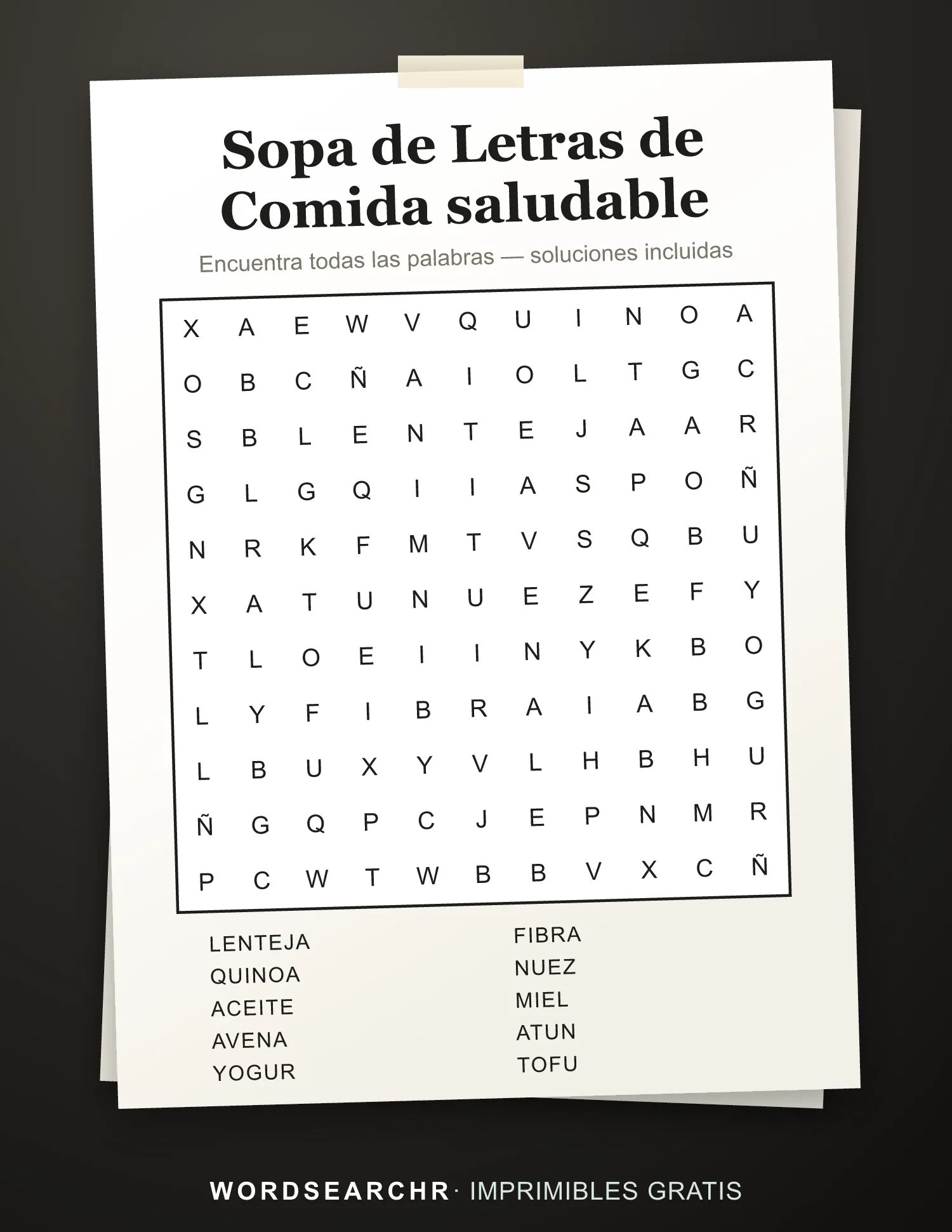 Sopa de Letras de Comida saludable para Imprimir — 10 palabras, Soluciones incluidas
