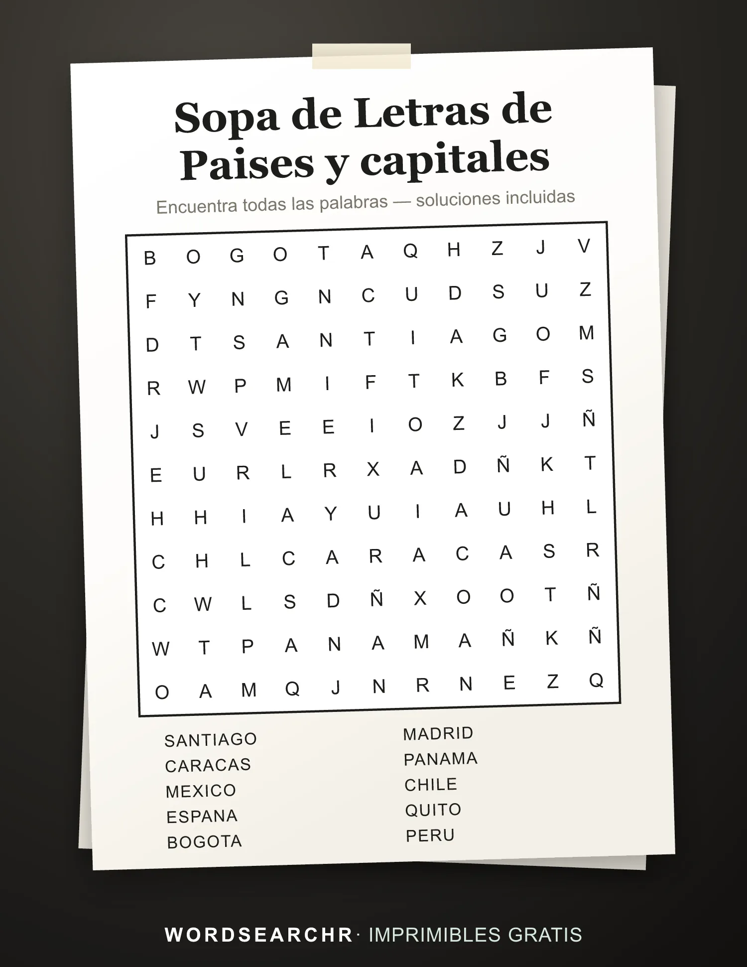 Sopa de Letras de Paises y capitales para Imprimir — 10 palabras, Soluciones incluidas