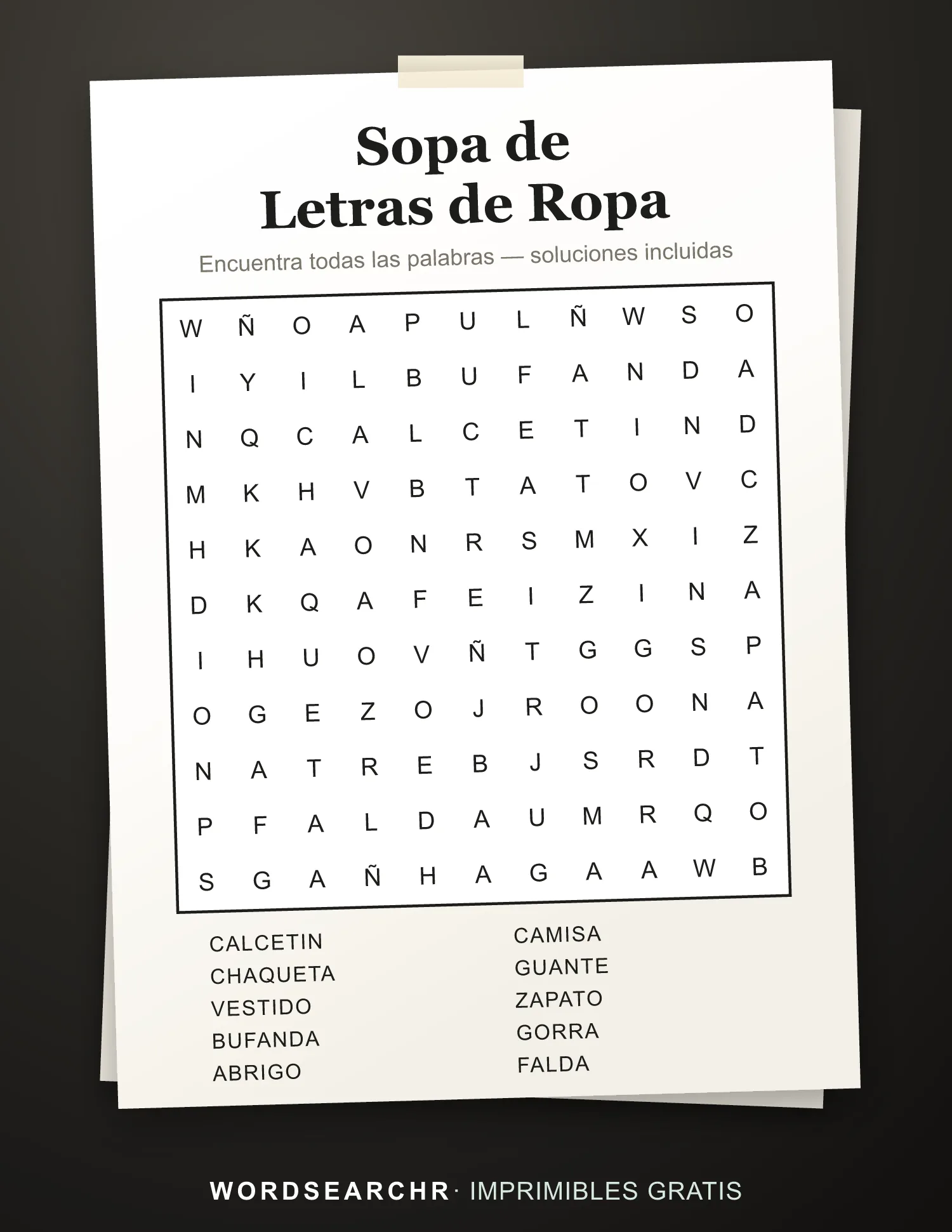 Sopa de Letras de Ropa para Imprimir — 10 palabras, Soluciones incluidas