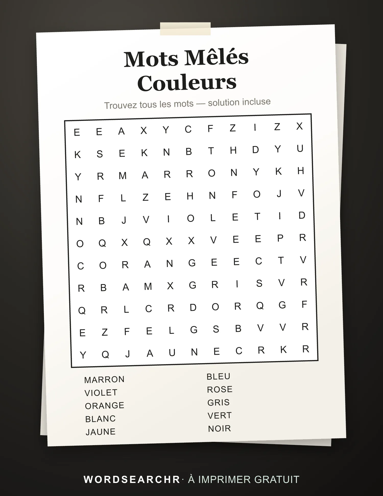 Mots Mêlés Couleurs à Imprimer — 10 mots, Solution incluse