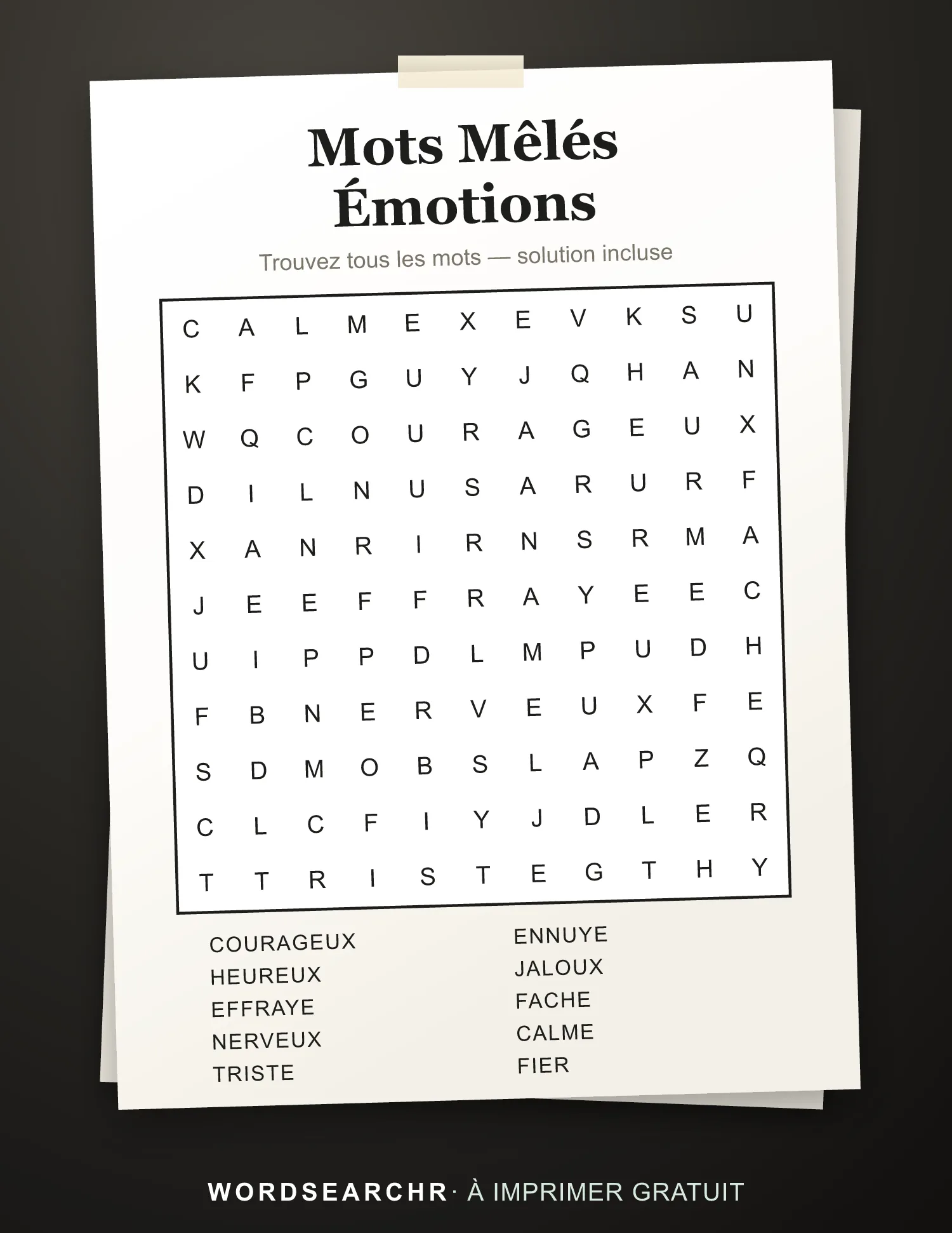 Mots Mêlés Émotions à Imprimer — 10 mots, Solution incluse
