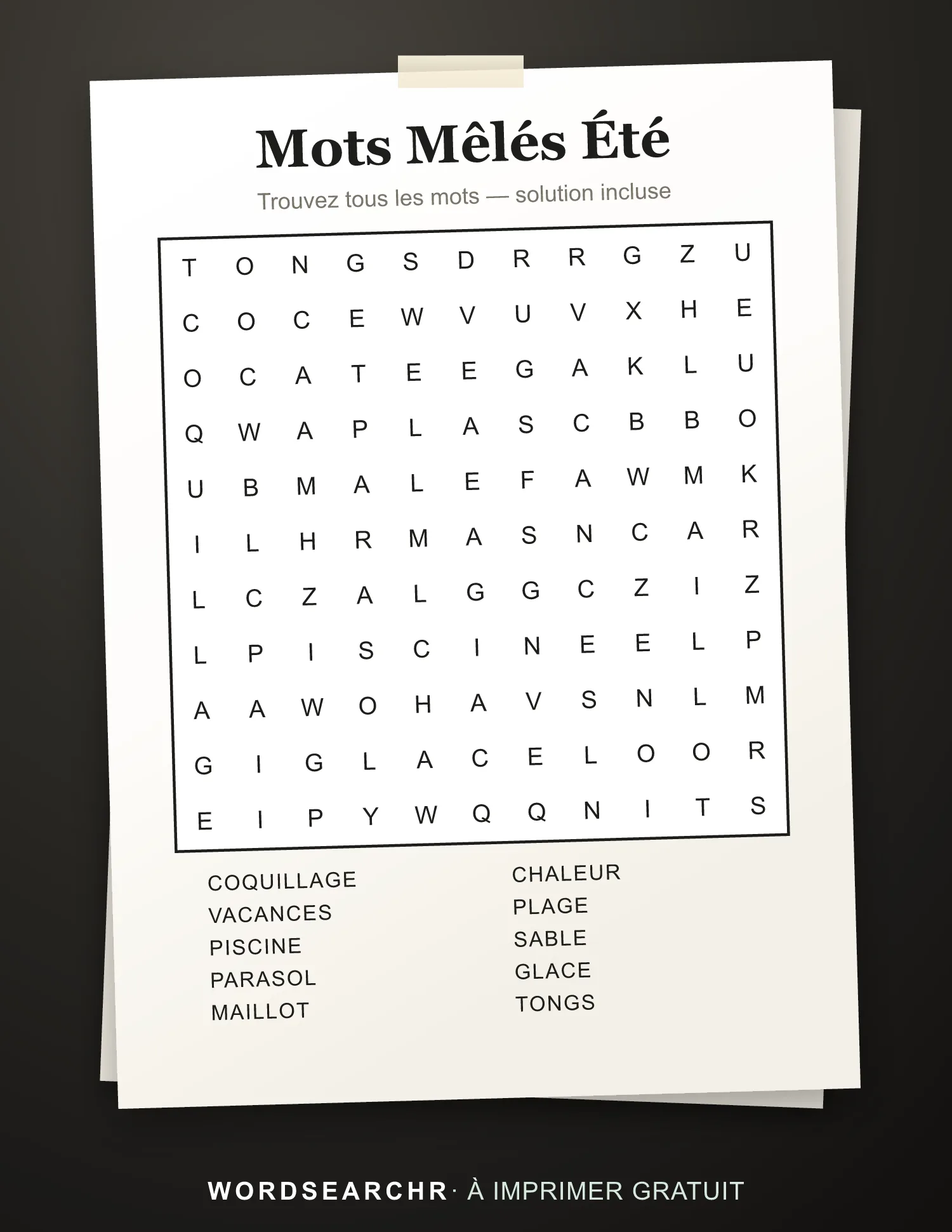 Mots Mêlés Été à Imprimer — 10 mots, Solution incluse