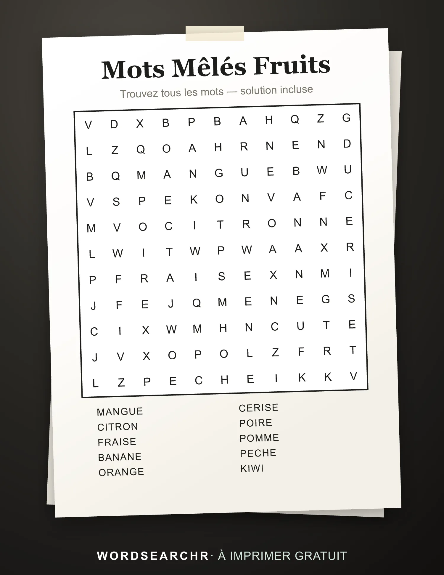 Mots Mêlés Fruits à Imprimer — 10 mots, Solution incluse