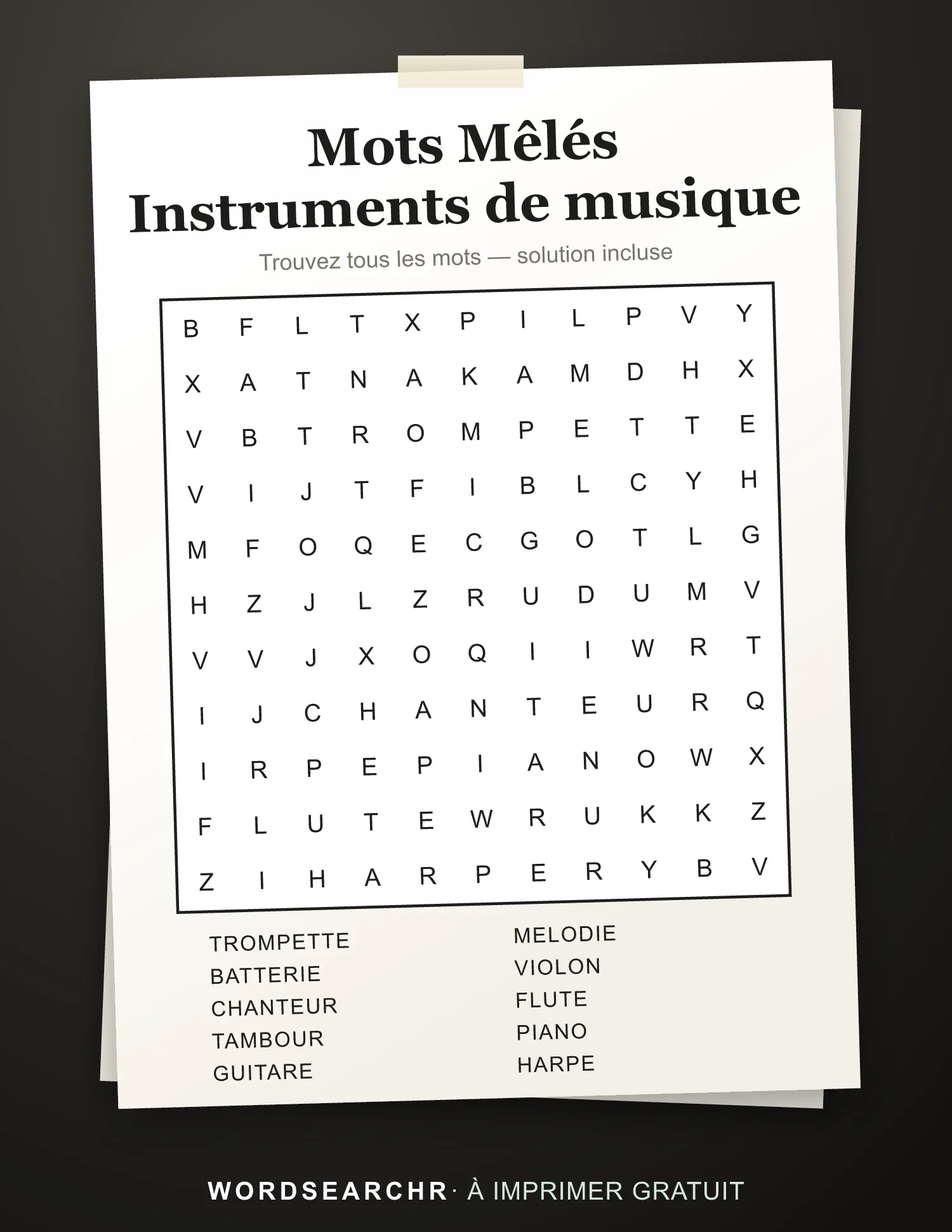 Mots Mêlés Instruments de musique à Imprimer — 10 mots, Solution incluse