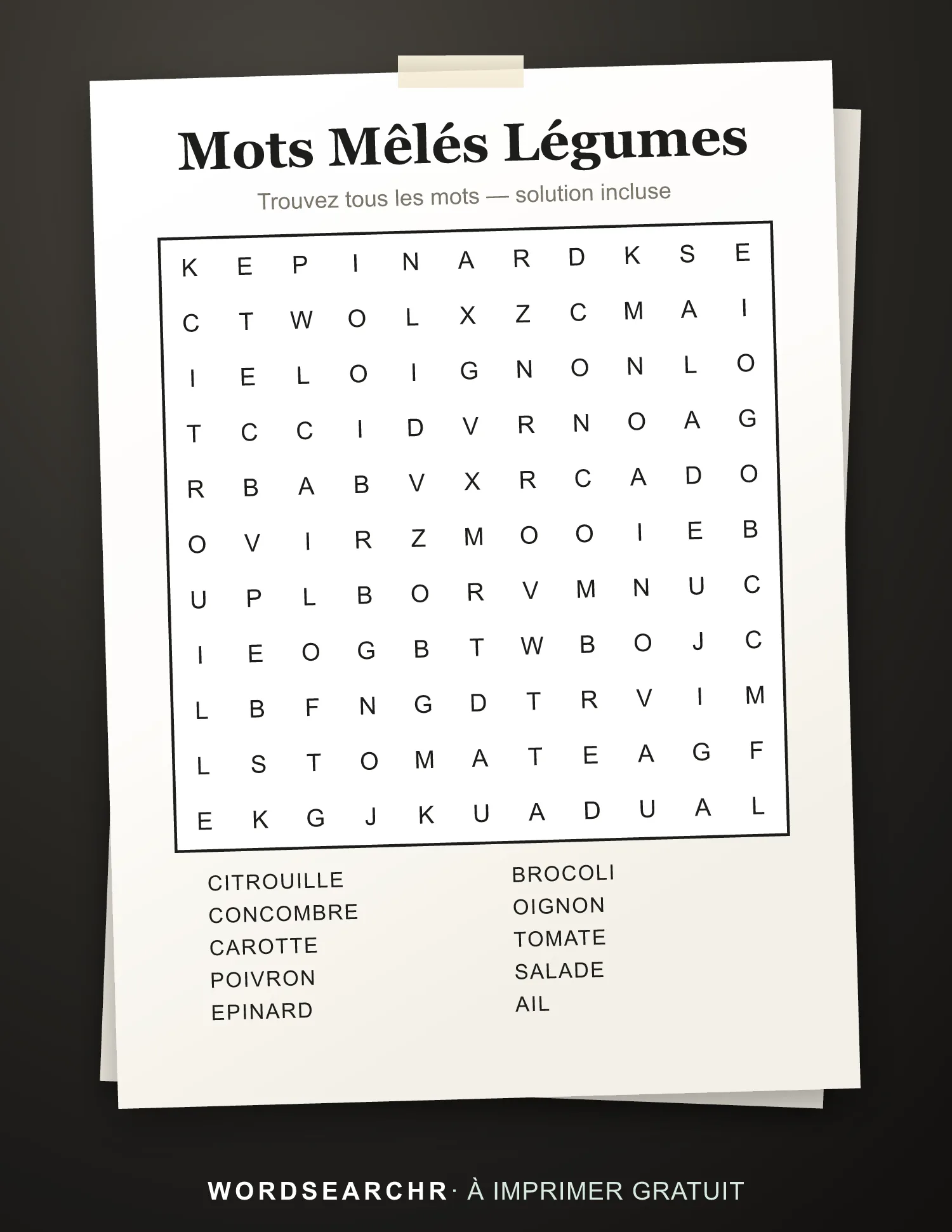 Mots Mêlés Légumes à Imprimer — 10 mots, Solution incluse