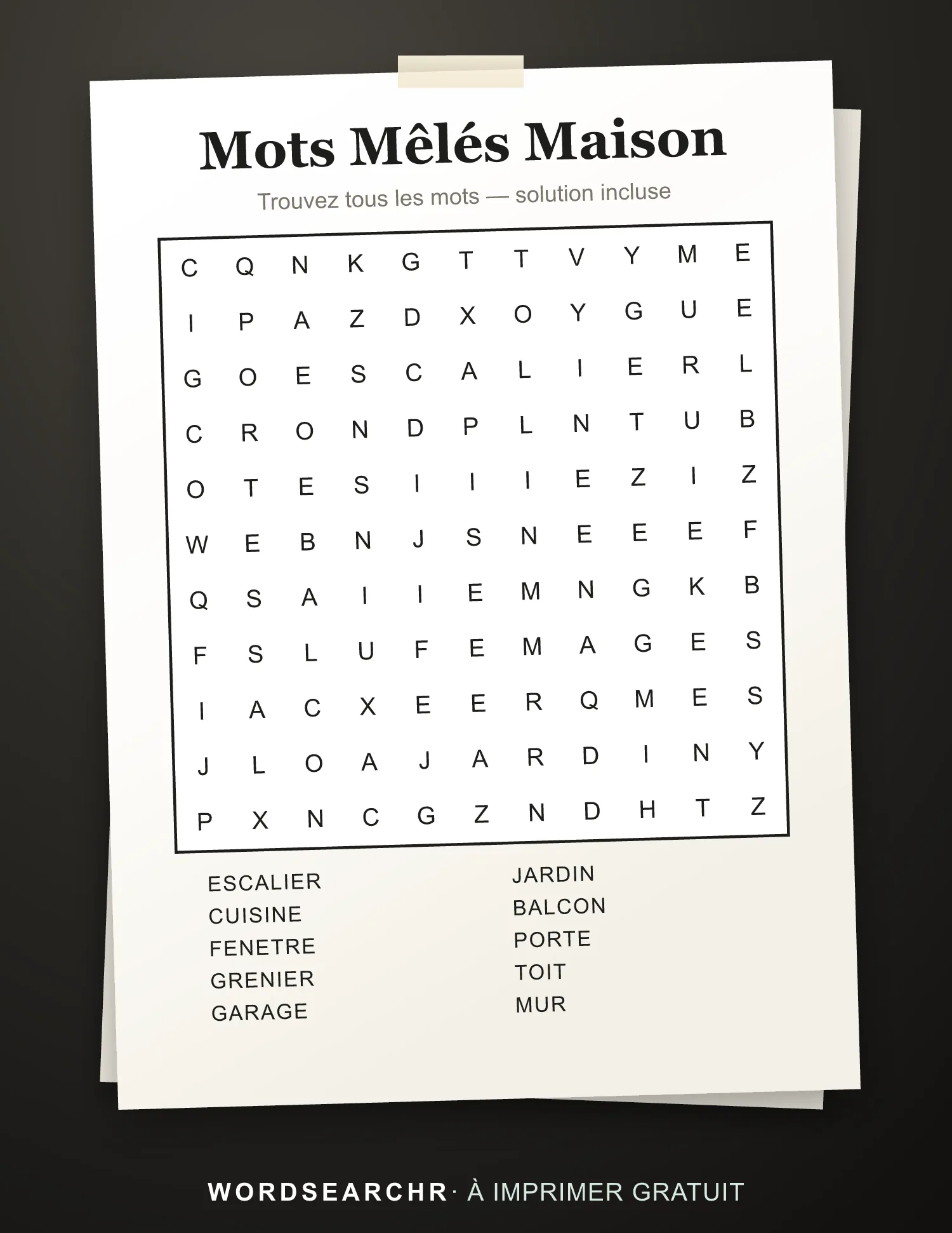 Mots Mêlés Maison à Imprimer — 10 mots, Solution incluse