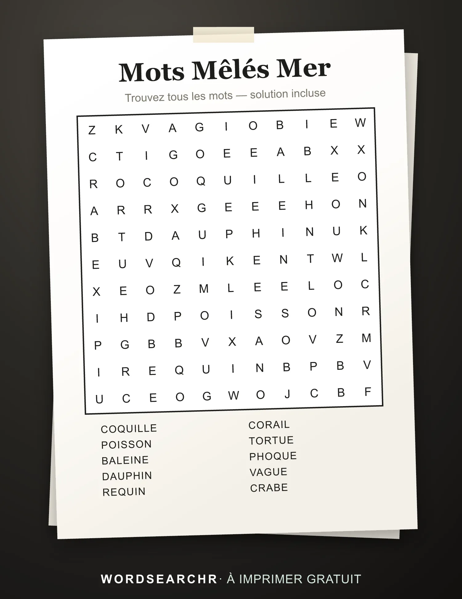 Mots Mêlés Mer à Imprimer — 10 mots, Solution incluse