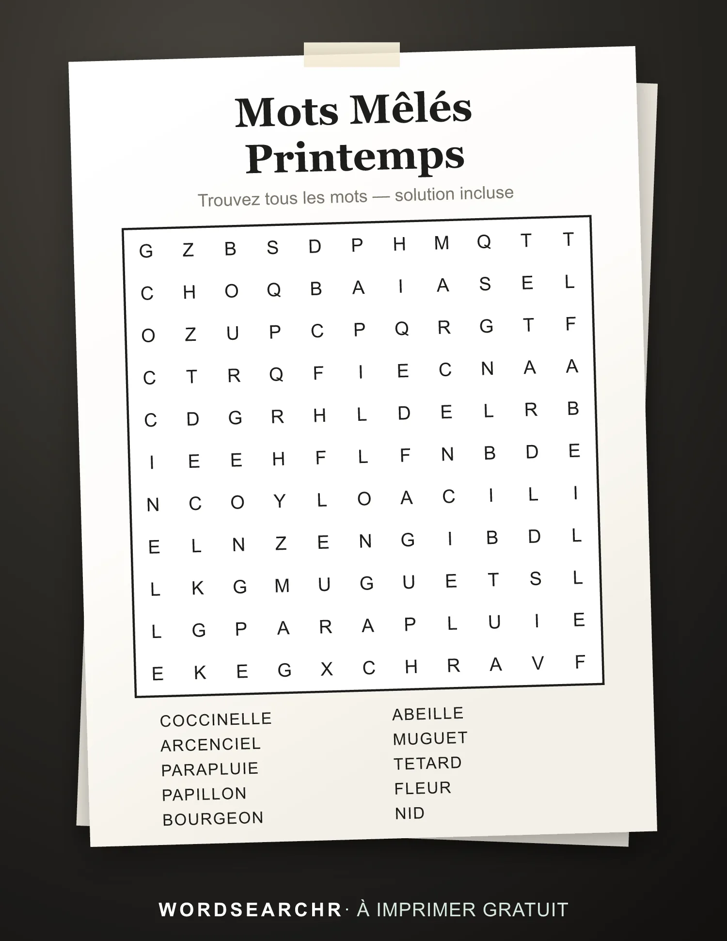 Mots Mêlés Printemps à Imprimer — 10 mots, Solution incluse