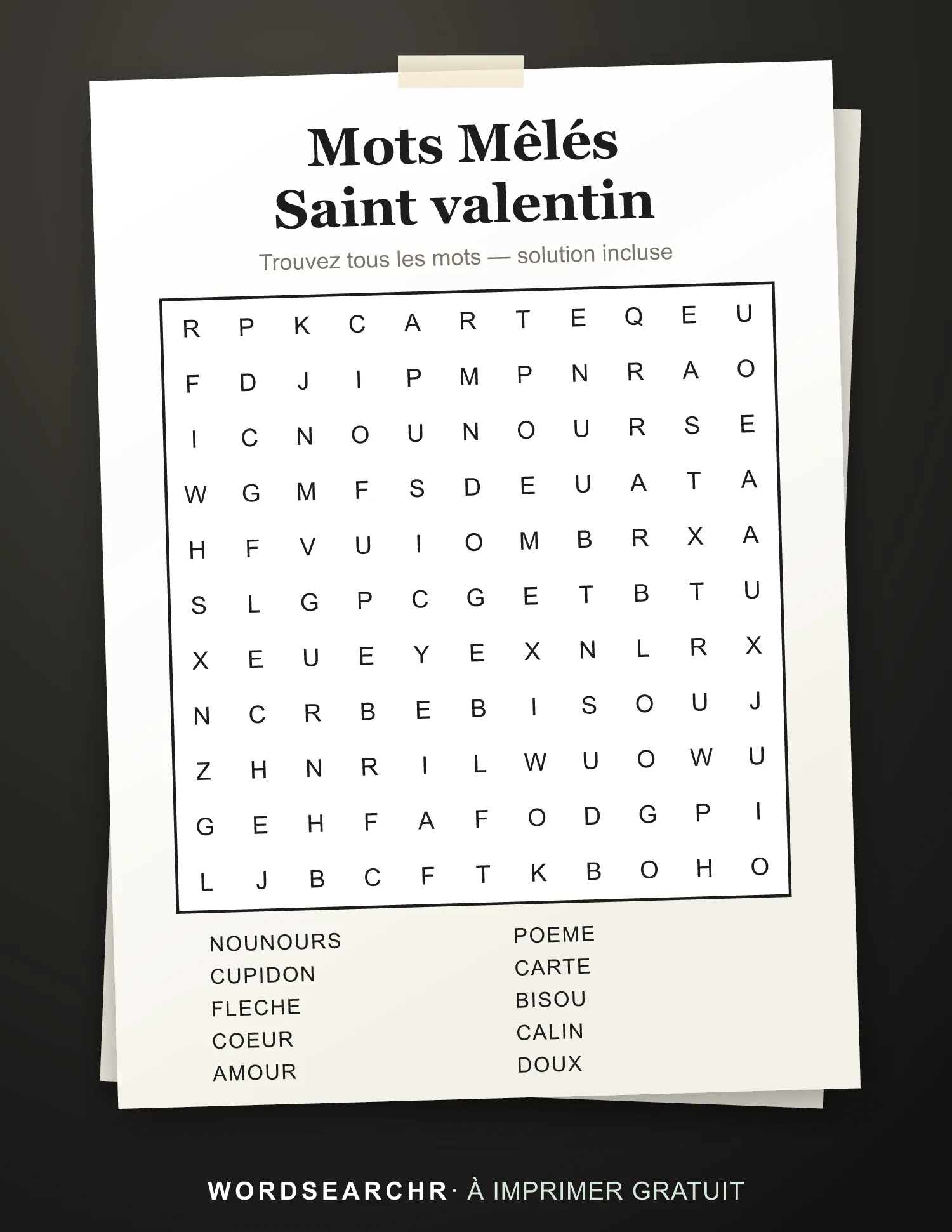 Mots Mêlés Saint valentin à Imprimer — 10 mots, Solution incluse