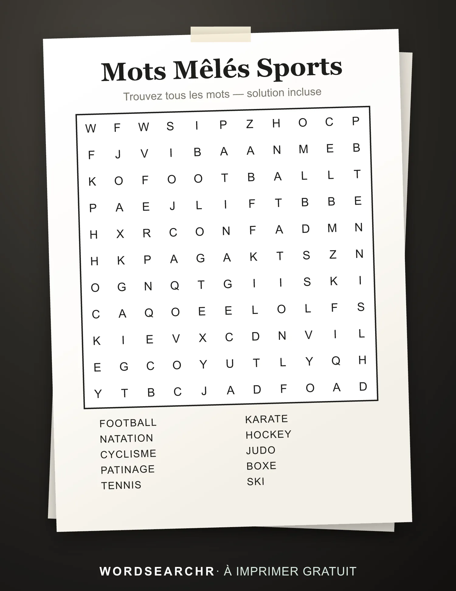 Mots Mêlés Sports à Imprimer — 10 mots, Solution incluse