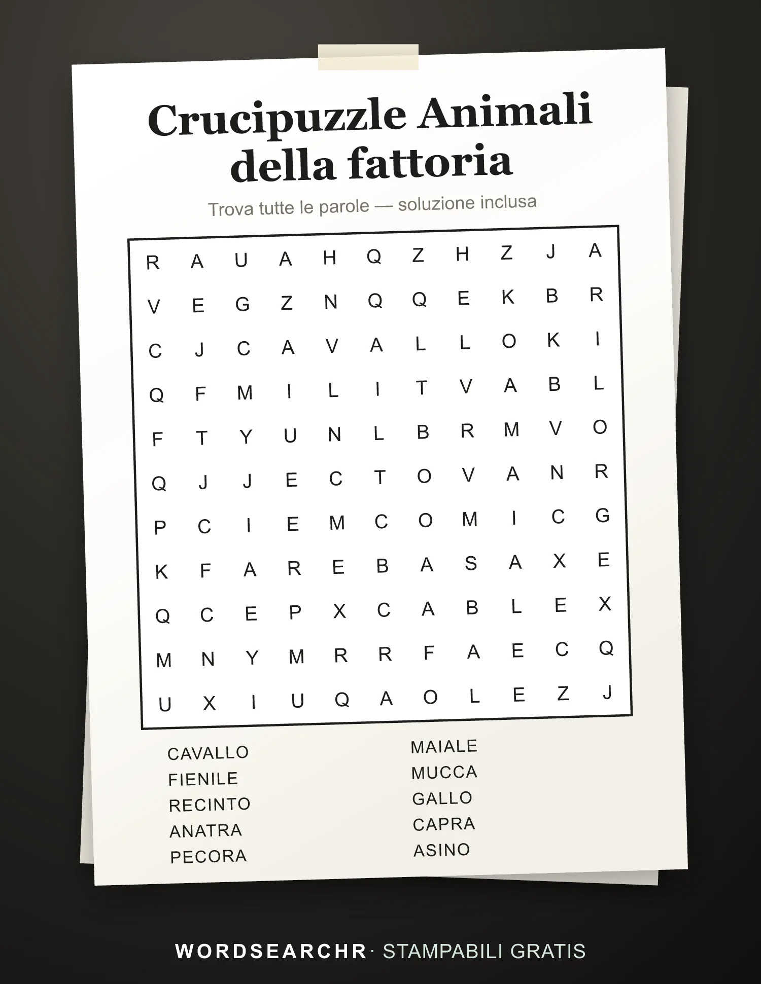 Crucipuzzle Animali della fattoria da Stampare — 10 parole, Soluzione inclusa