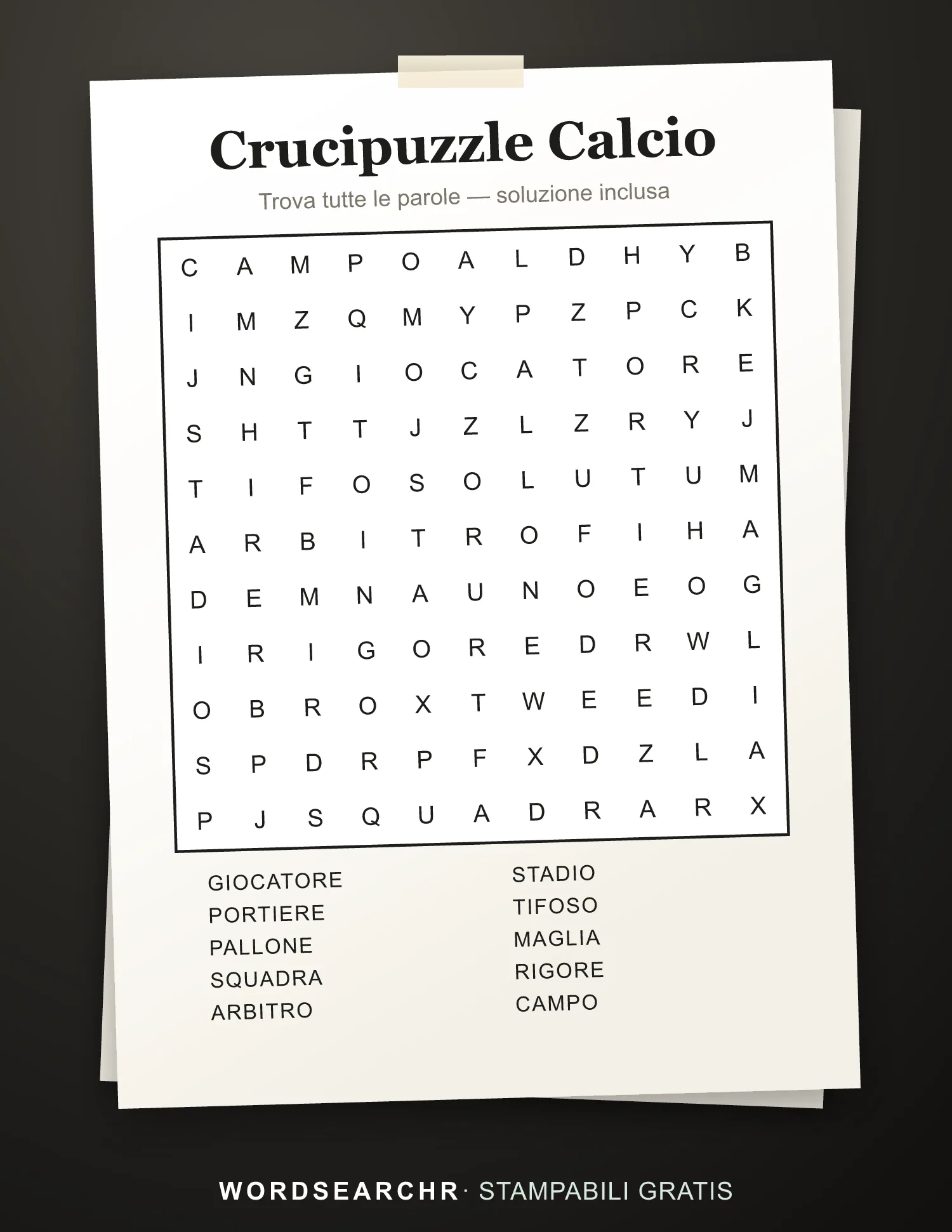 Crucipuzzle Calcio da Stampare — 10 parole, Soluzione inclusa