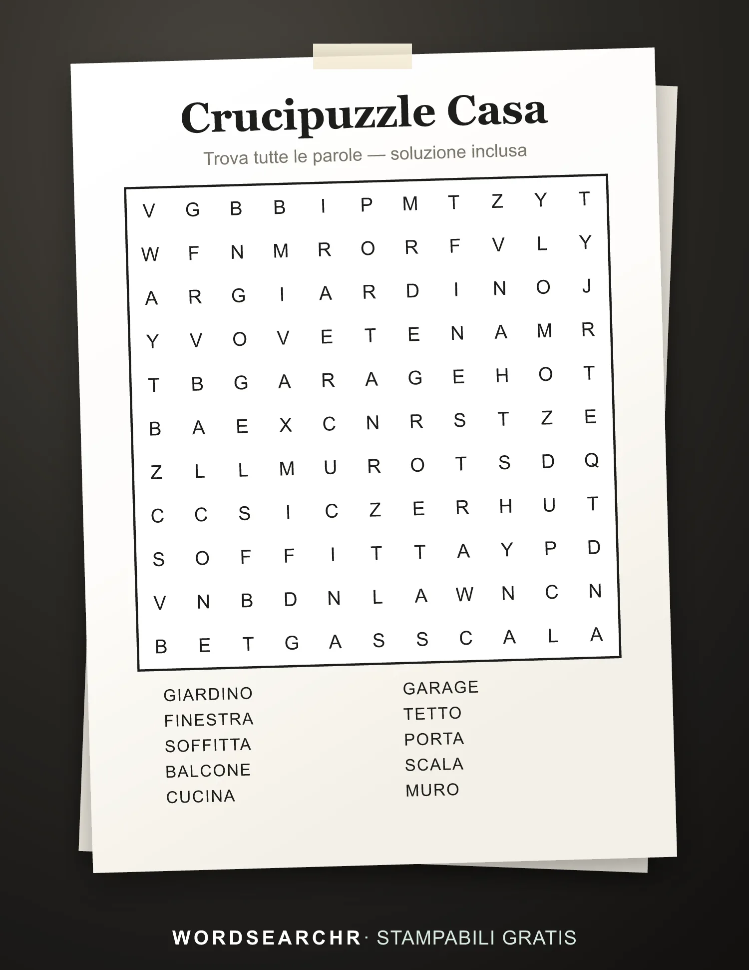 Crucipuzzle Casa da Stampare — 10 parole, Soluzione inclusa