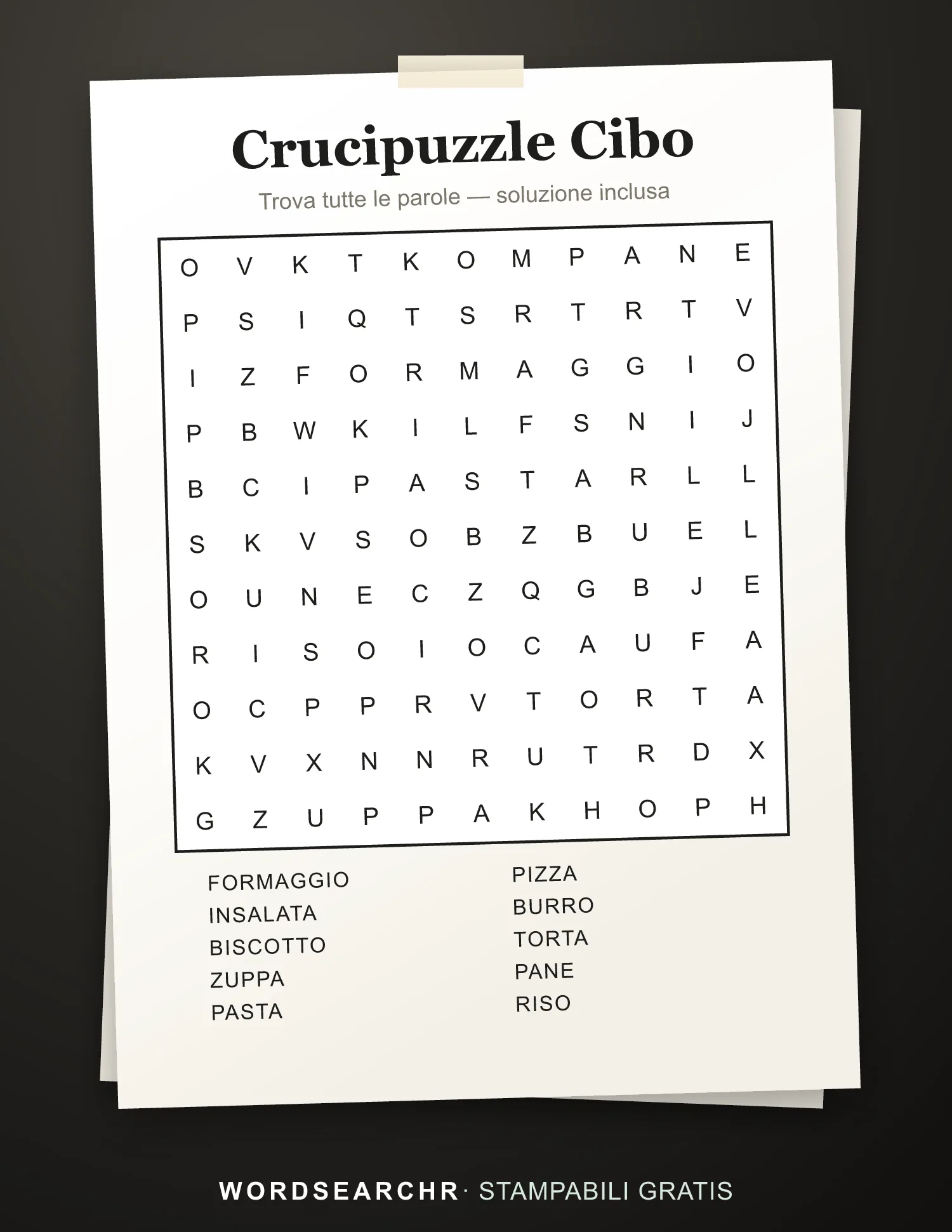 Crucipuzzle Cibo da Stampare — 10 parole, Soluzione inclusa