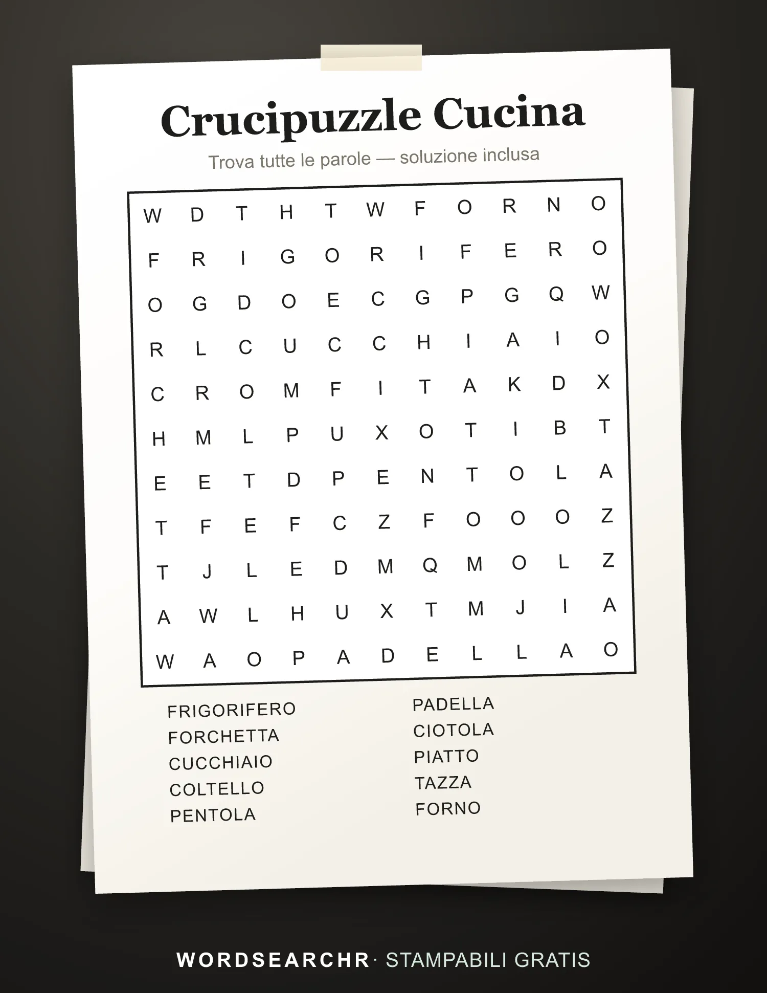 Crucipuzzle Cucina da Stampare — 10 parole, Soluzione inclusa