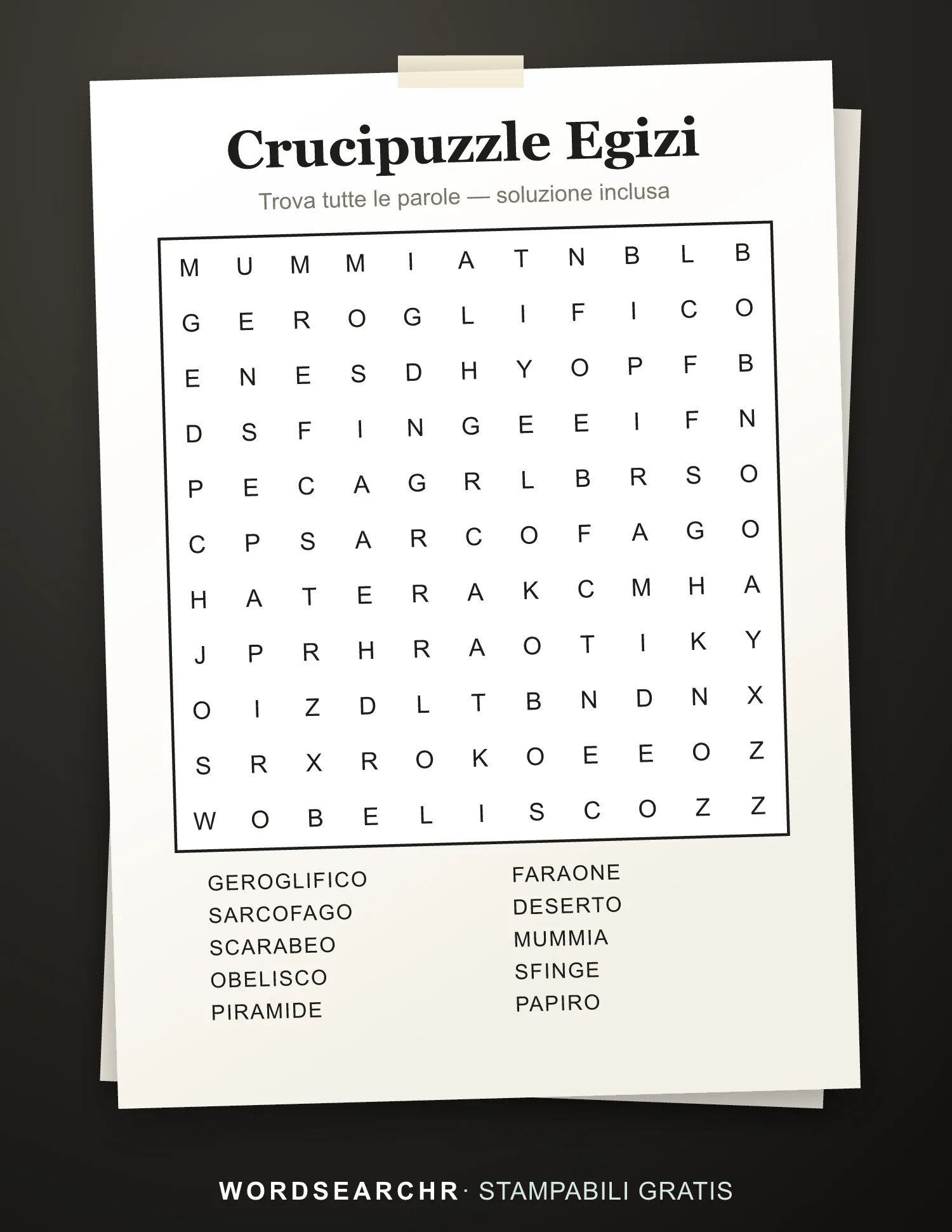 Crucipuzzle Egizi da Stampare — 10 parole, Soluzione inclusa