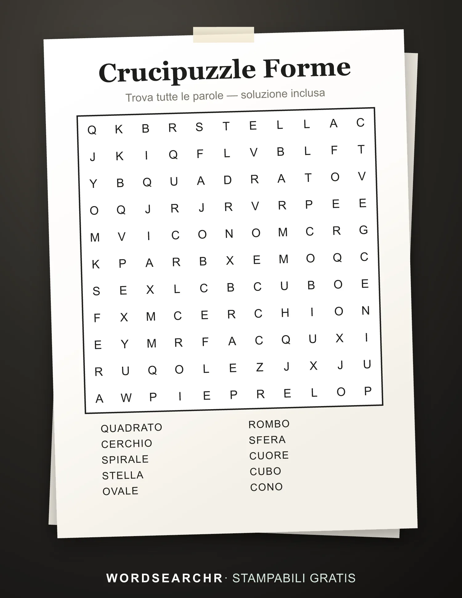 Crucipuzzle Forme da Stampare — 10 parole, Soluzione inclusa